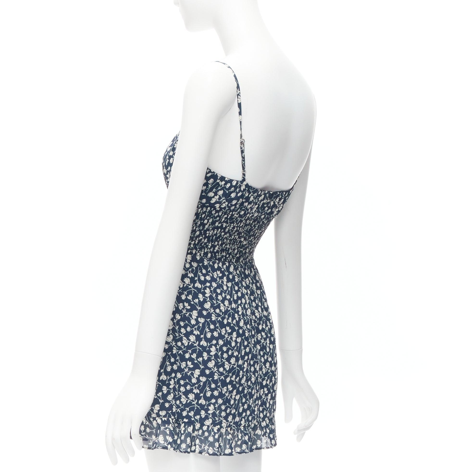 REFORMATION Elyse blanc marine imprimé floral corsage smocké mini robe US2 S en vente 1