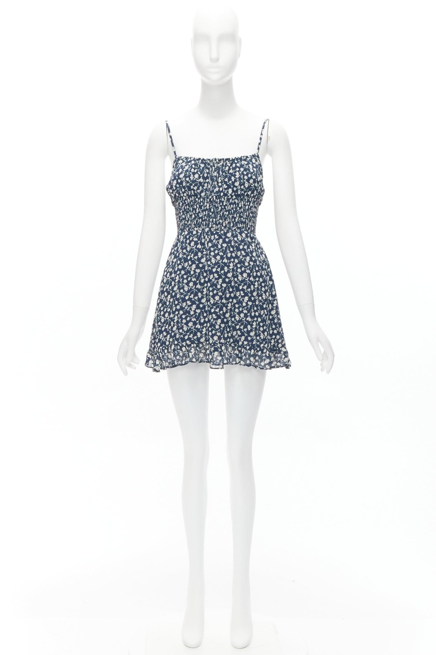 REFORMATION Elyse white navy floral print smocked bodice mini dress US2 S For Sale 4