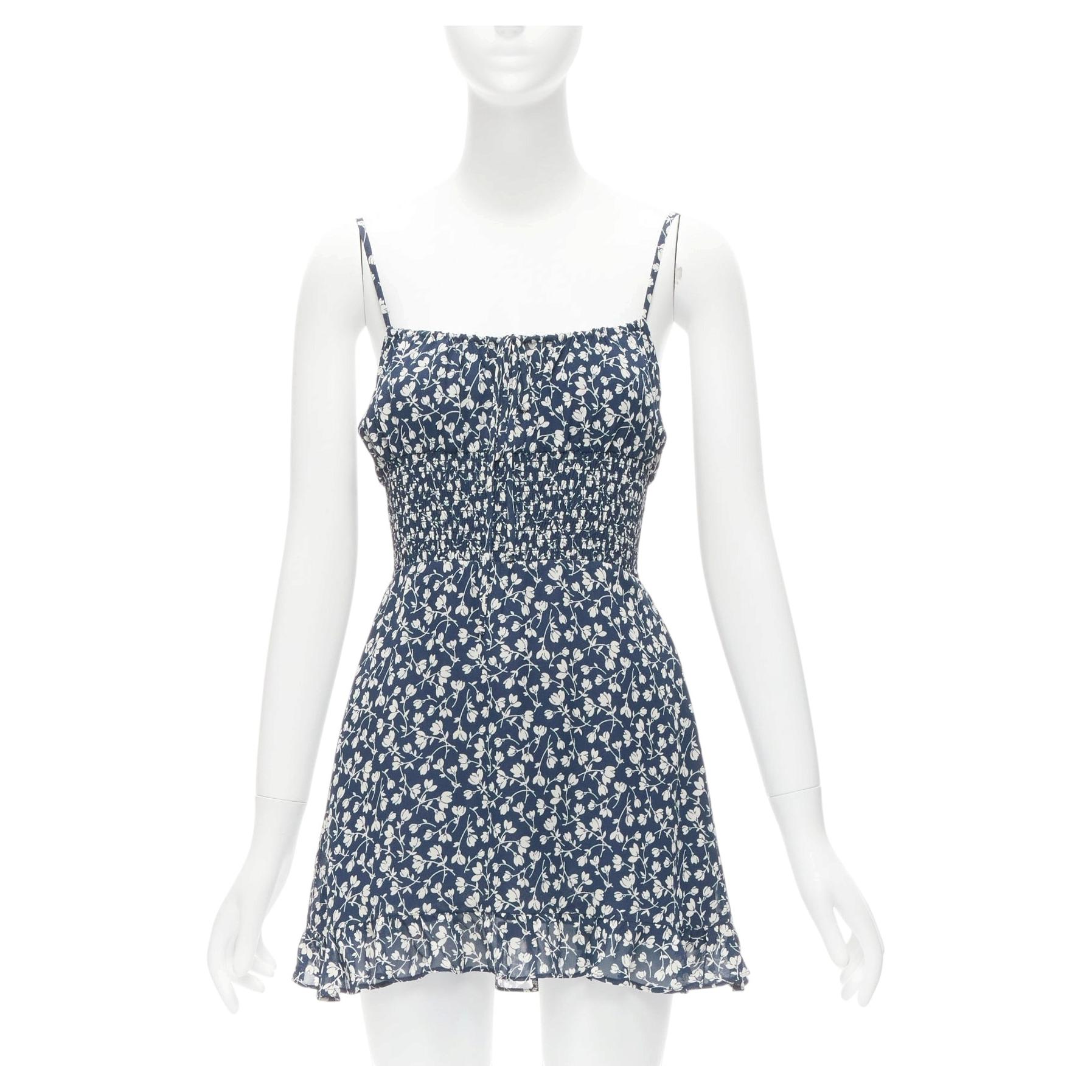 REFORMATION Elyse white navy floral print smocked bodice mini dress US2 S For Sale