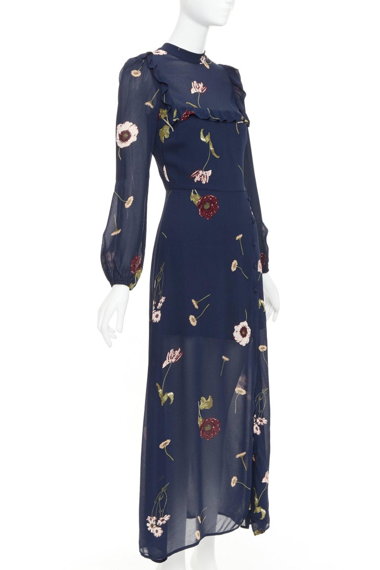 REFORMATION Gillian navy viscose floral print hi neck peasant dress US2 S  For Sale at 1stDibs