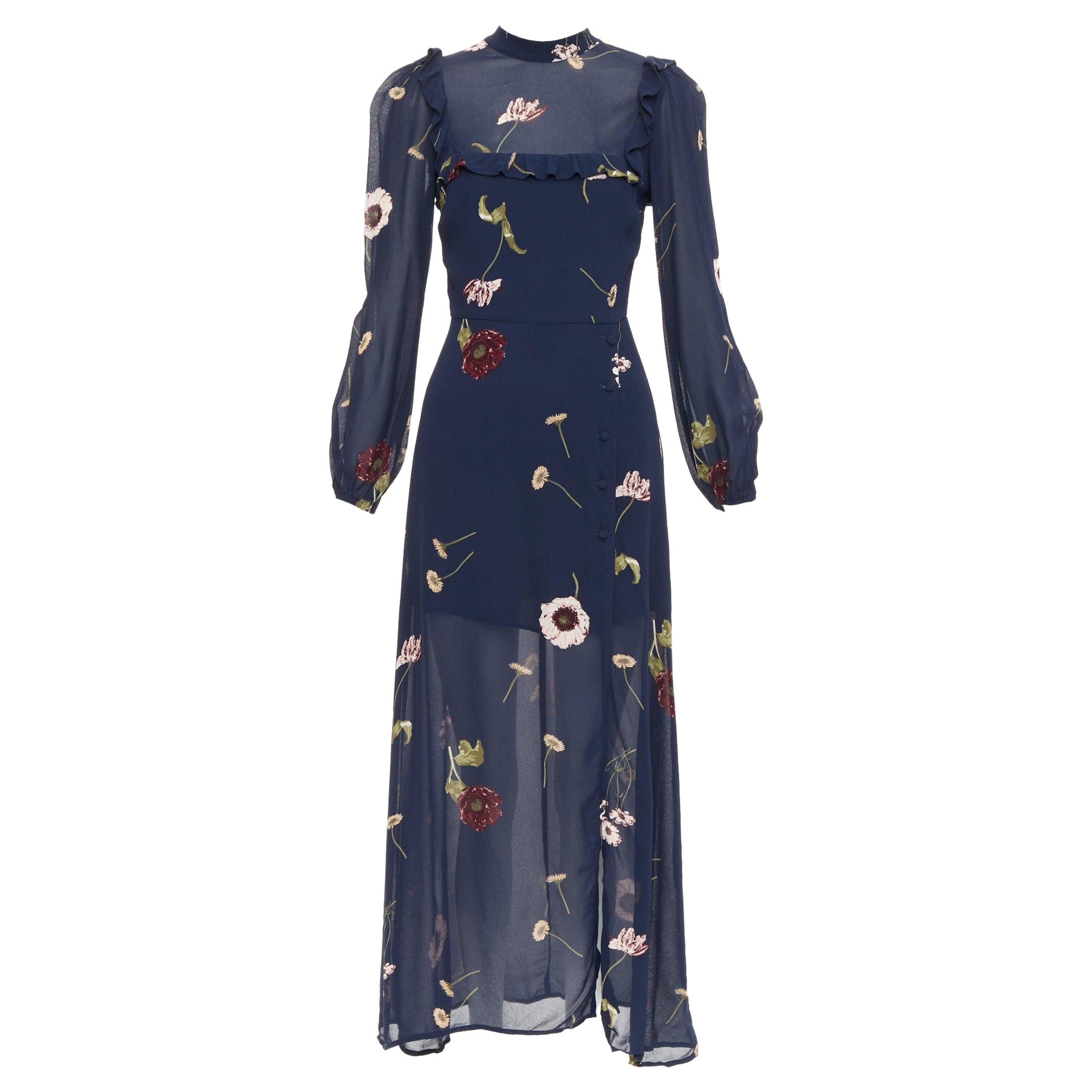 REFORMATION Gillian navy viscose floral hi neck peasant dress US2 S