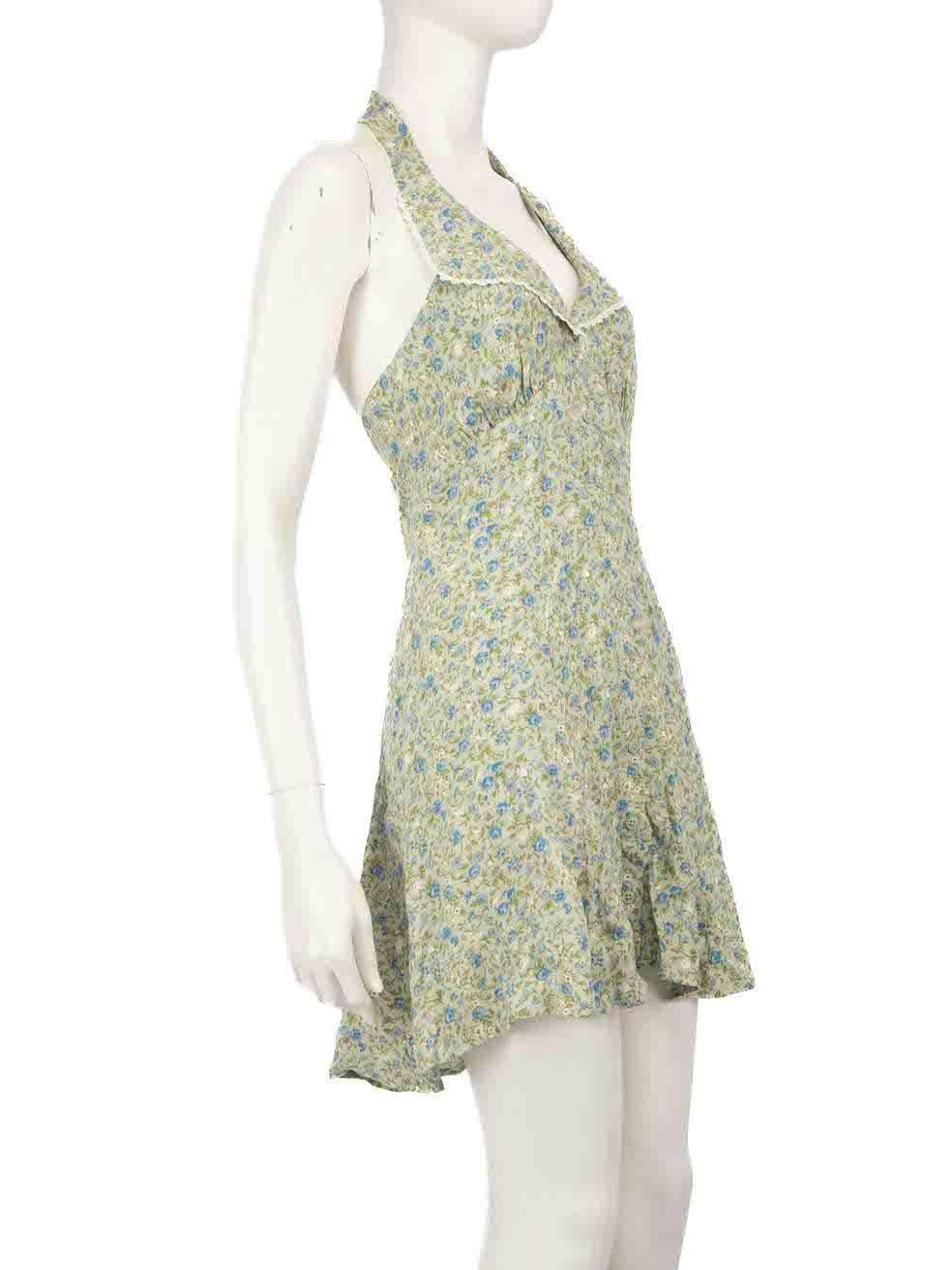 CONDITION is Very good. Hardly any visible wear to the dress is evident on this used Reformation designer resale item.
 
 
 
 Details
 
 
 Green
 
 Viscose
 
 Dress
 
 Floral pattern
 
 Elasticated halter neck
 
 Elasticated back panels
 
 Zip back