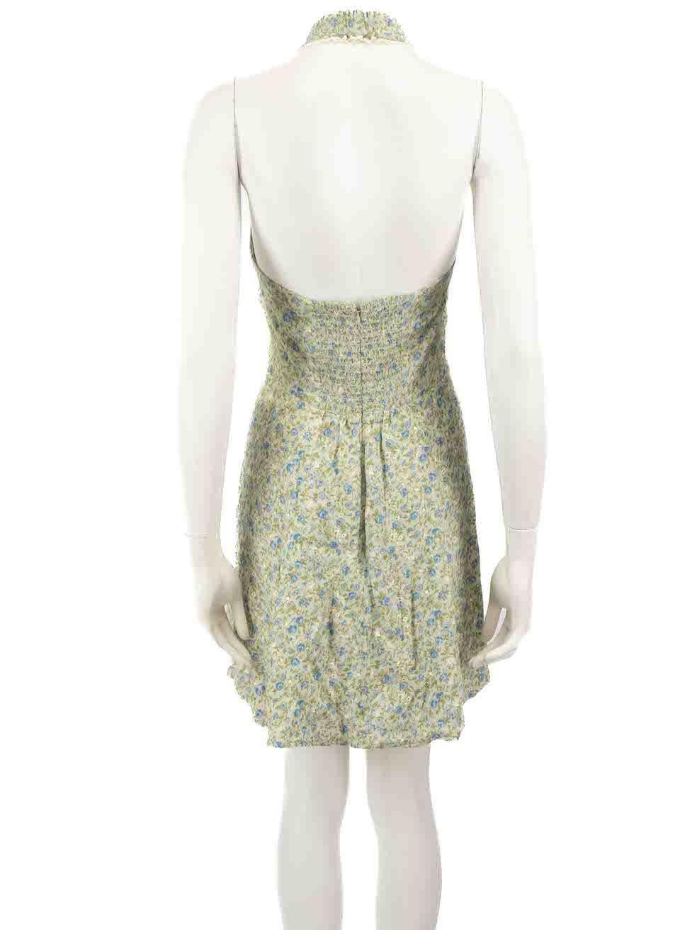 Beige Reformation Green Floral Halter Neck Mini Dress Size M For Sale