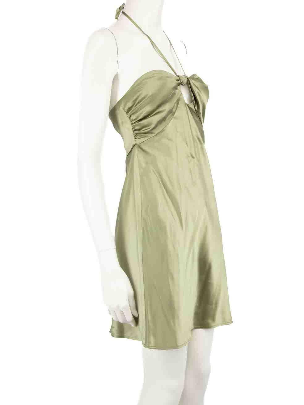 CONDITION is Never worn, with tags. No visible wear to dress is evident on this new Reformation designer resale item.
 
 
 
 Details
 
 
 Model: Sorrentine
 
 Green
 
 Silk
 
 Dress
 
 Mini
 
 Halterneck- back neck tie
 
 Back zip and hook