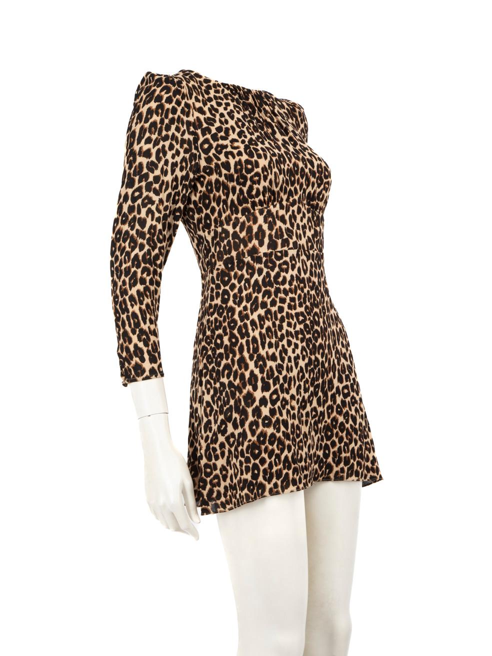 CONDITION is Very Good. Hardly any visible wear to dress is evident on this used Reformation designer resale item.
  
  Details
  
  
  Multicolour 
  
  Viscose 
  
  Dress 
  
  Mini 
  
  Long sleeves 
  
  Leopard print 
  
  Back neck button