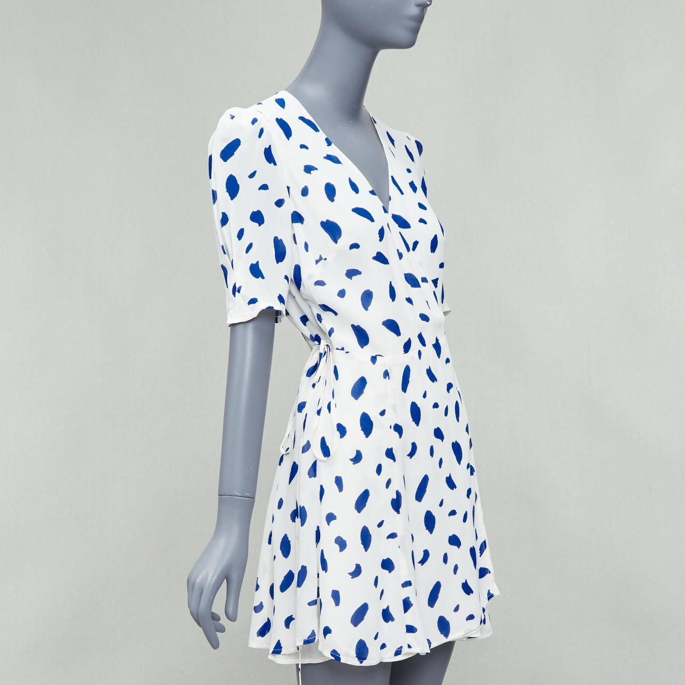 Gray REFORMATION Lucky blue white Dalmatian print puff sleeve wrap dress M For Sale
