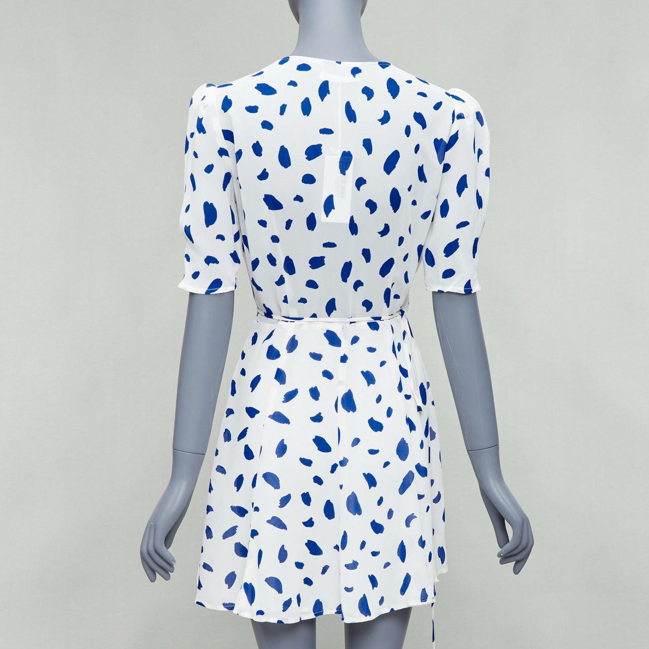 Women's REFORMATION Lucky blue white Dalmatian print puff sleeve wrap dress M For Sale
