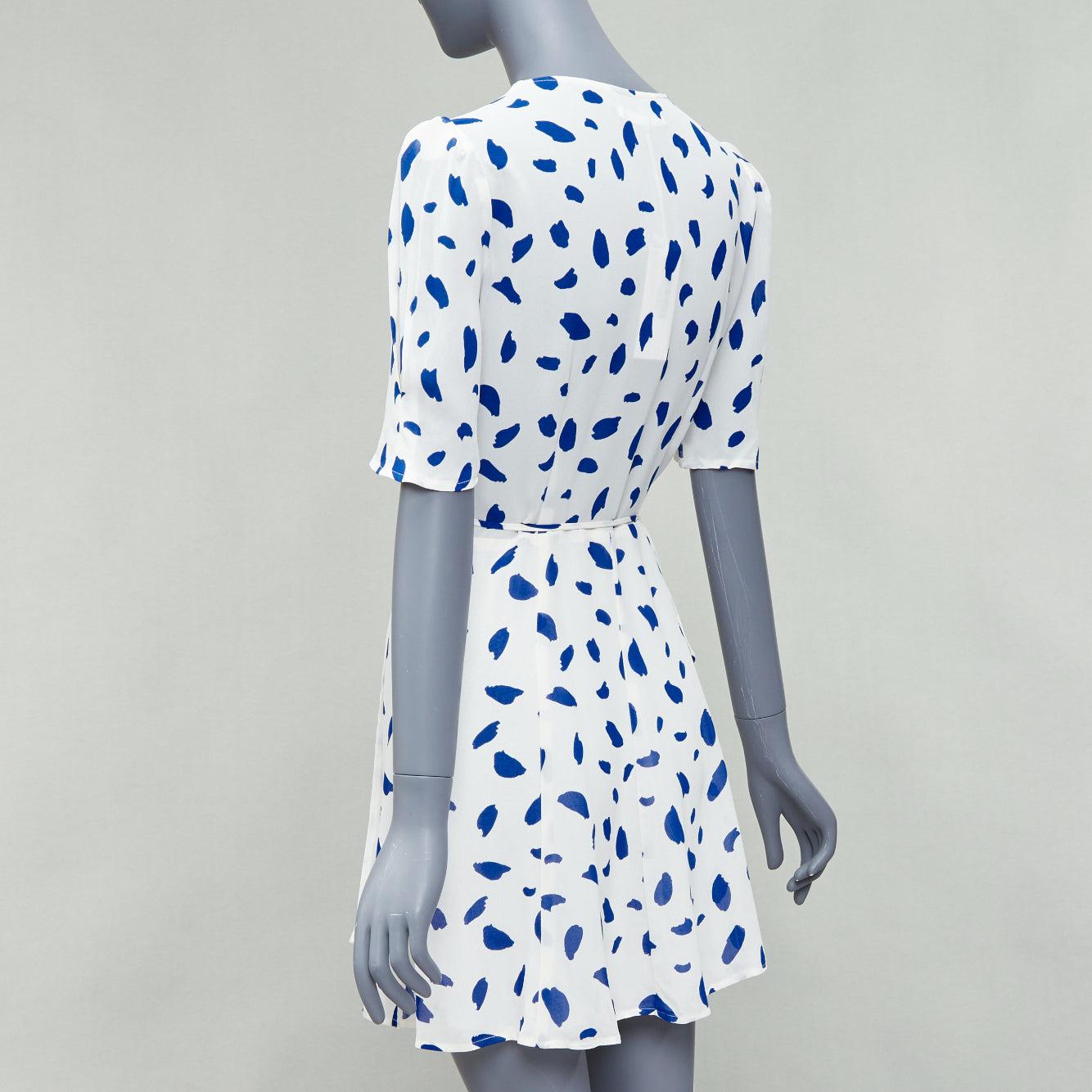 REFORMATION Lucky blue white Dalmatian print puff sleeve wrap dress M For Sale 1