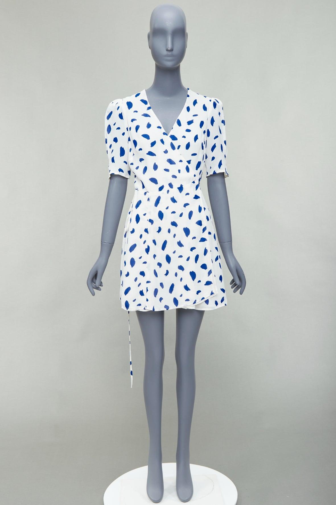 REFORMATION Lucky blue white Dalmatian print puff sleeve wrap dress M For Sale 4