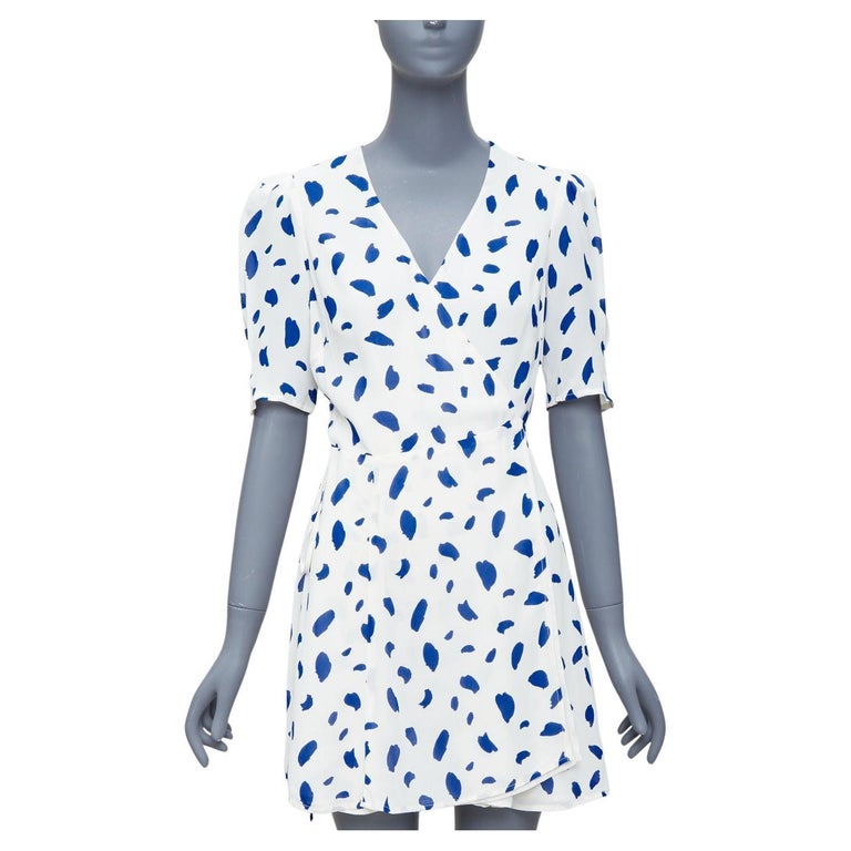REFORMATION Lucky blue white Dalmatian print puff sleeve wrap dress M For  Sale at 1stDibs