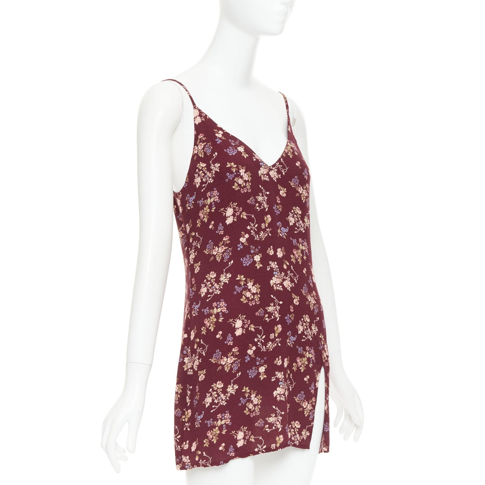 Gris REFORMATION Marlowe bordeaux viscose imprimé floral mini robe à fente haute US0 XS en vente