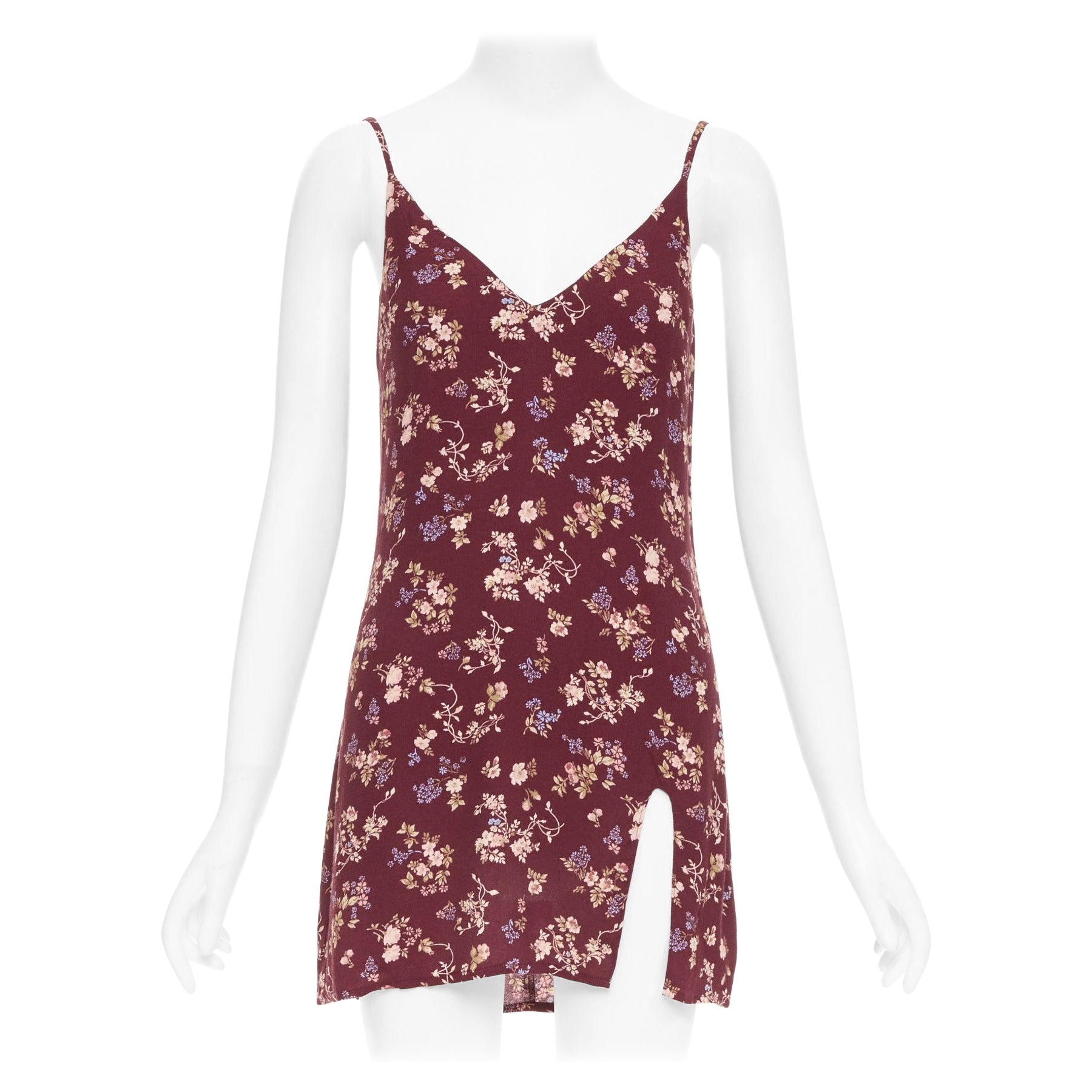 REFORMATION Marlowe bordeaux viscose imprimé floral mini robe à fente haute US0 XS en vente