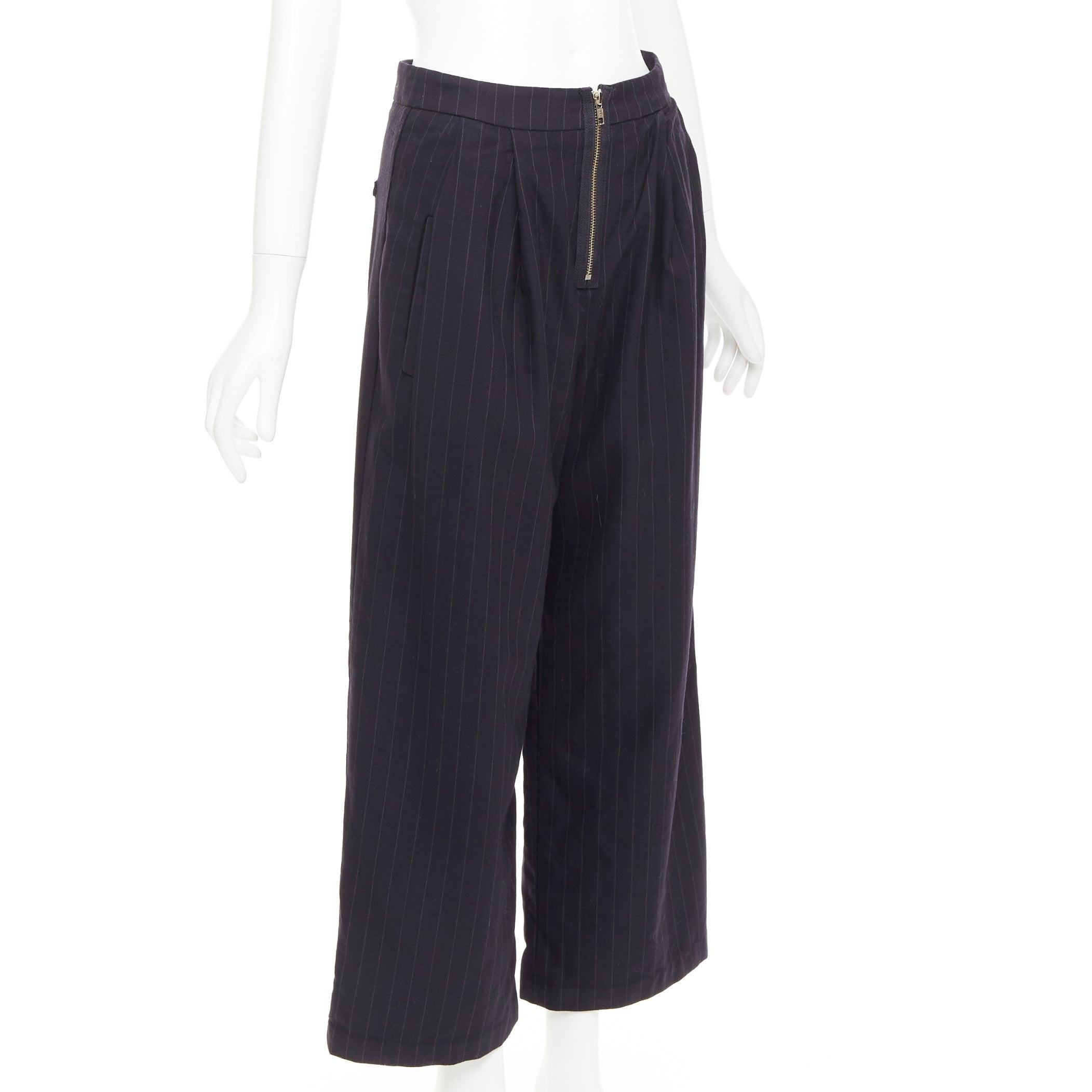 Black REFORMATION navy pinstripe surplus fabric silver zip fly wide pants US0 XS For Sale