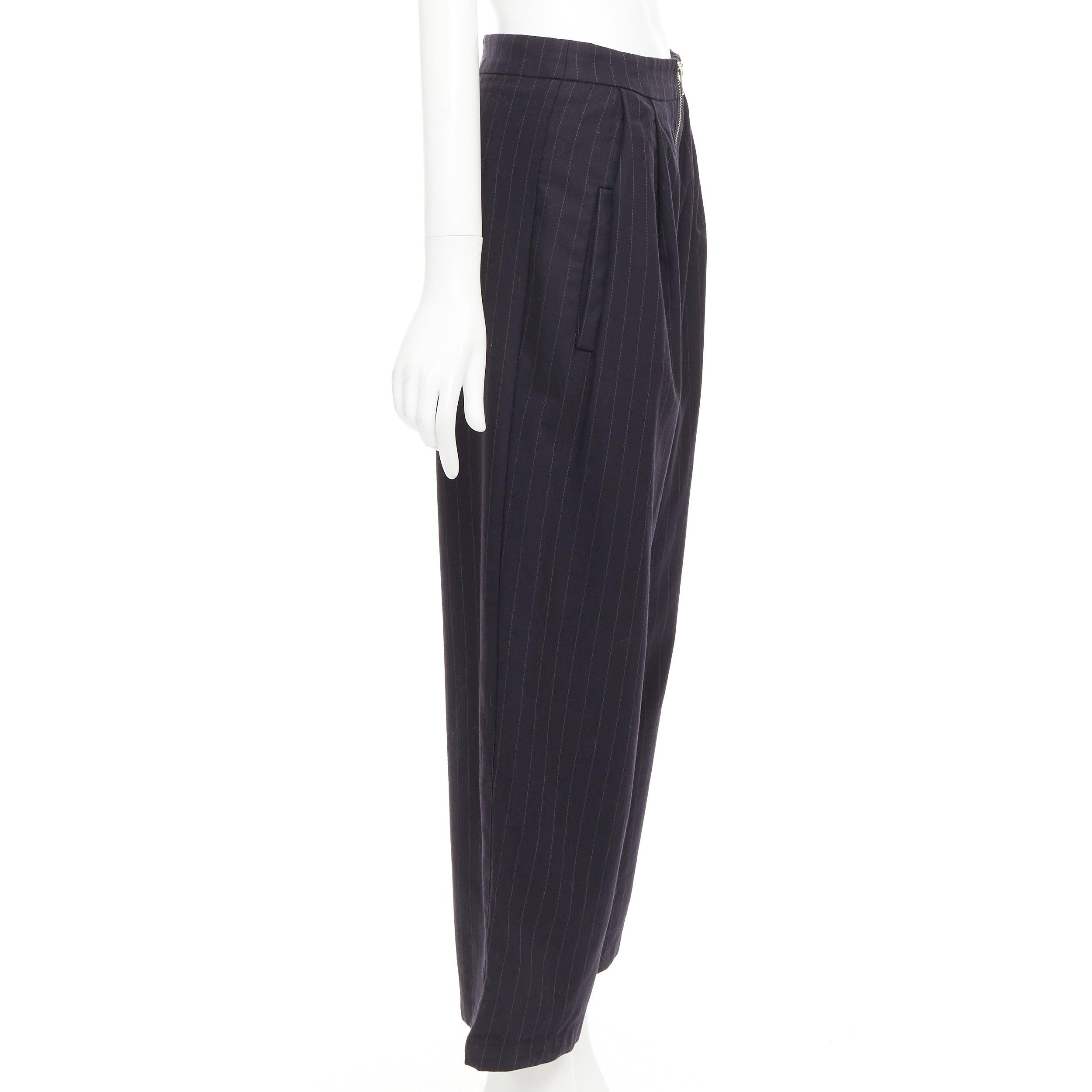 REFORMATION navy pinstripe surplus fabric silver zip fly wide pants US0 XS In Excellent Condition For Sale In Hong Kong, NT