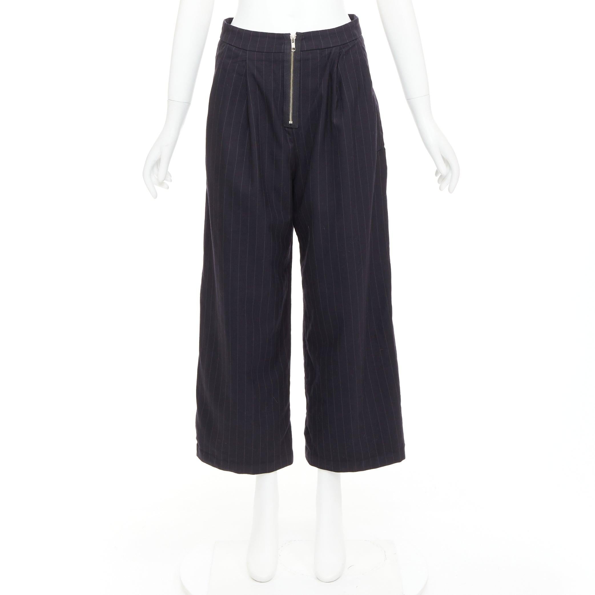 REFORMATION navy pinstripe surplus fabric silver zip fly wide pants US0 XS For Sale 4