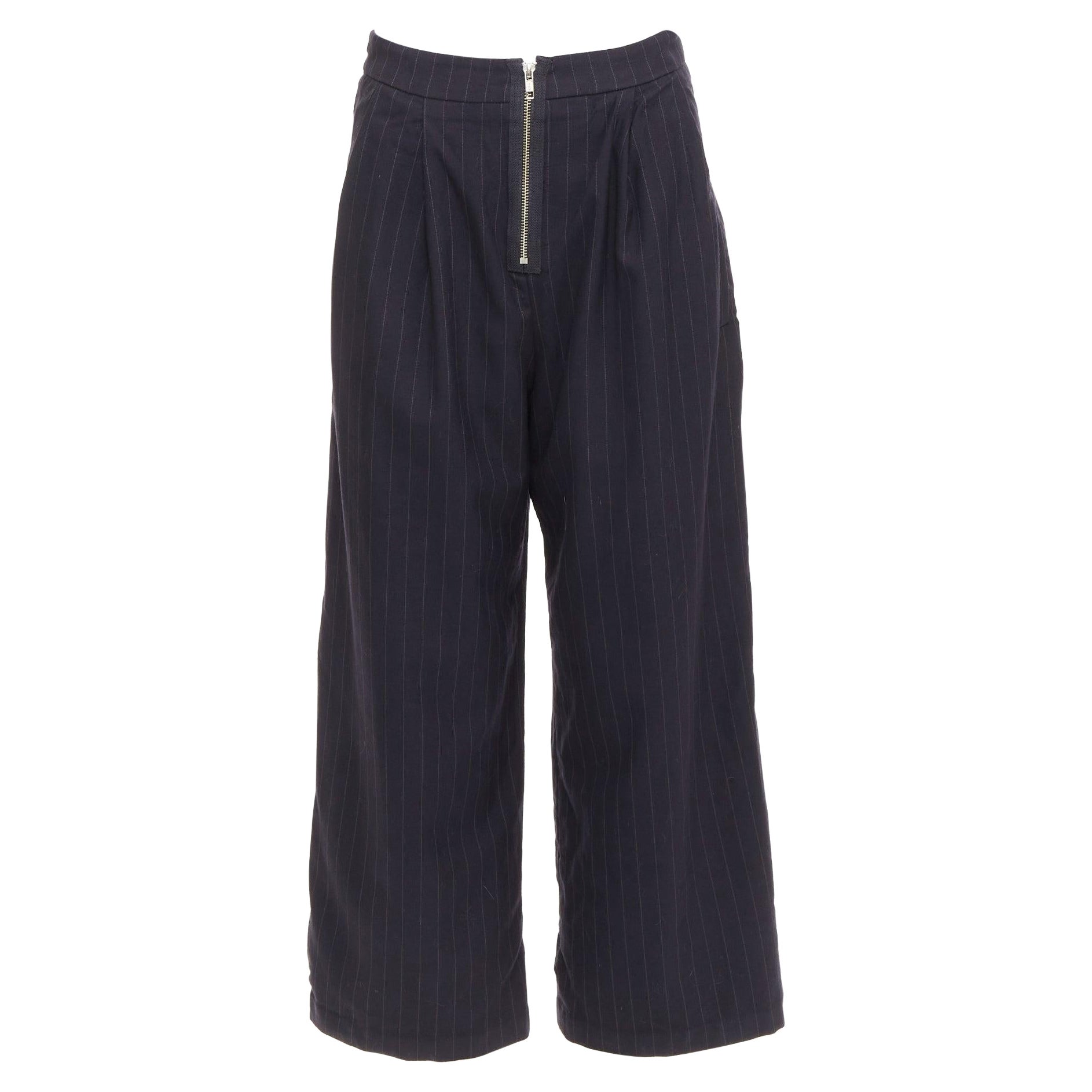 REFORMATION navy pinstripe surplus fabric silver zip fly wide pants US0 XS