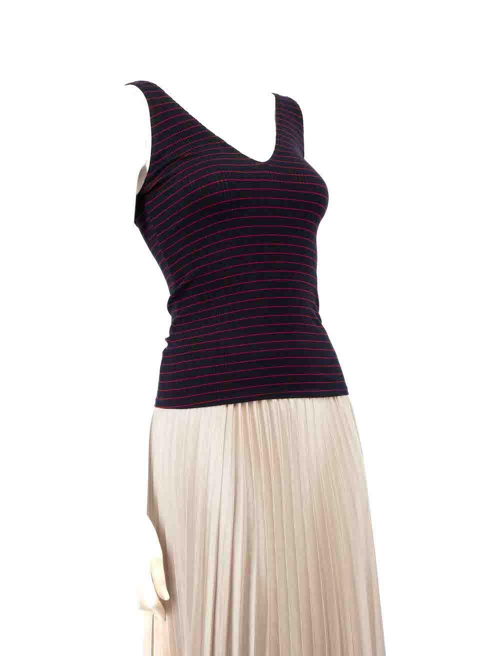 CONDITION is Very good. Hardly any visible wear to top is evident on this used Reformation designer resale item.
 
 
 
 Details
 
 
 Navy
 
 Synthetic
 
 Sleeveless top
 
 Striped pattern
 
 Rib knitted and stretchy
 
 V neckline
 
 
 
 
 
 Made in
