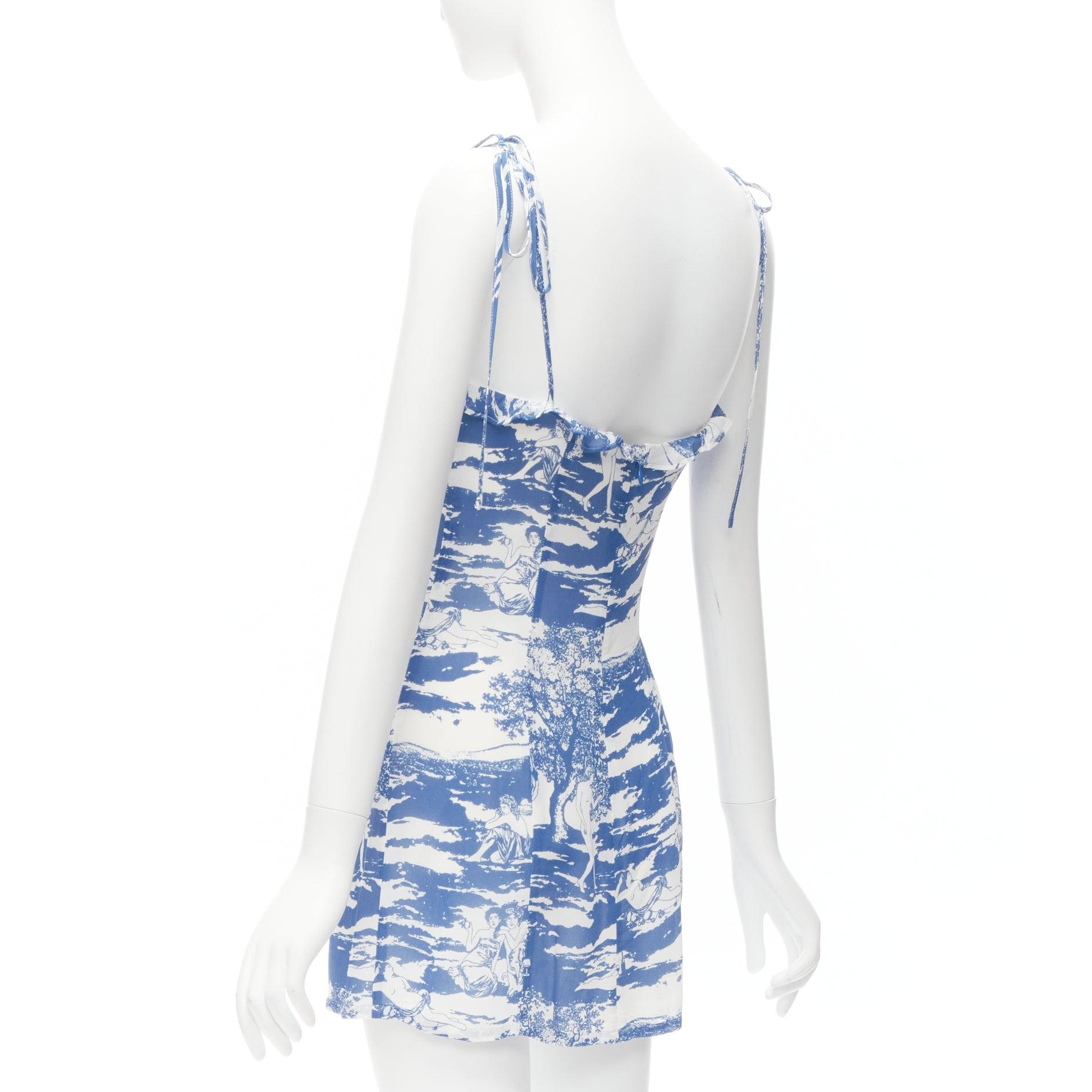 Women's REFORMATION Nikita blue white Toscana print tie strap mini slip dress US2 S