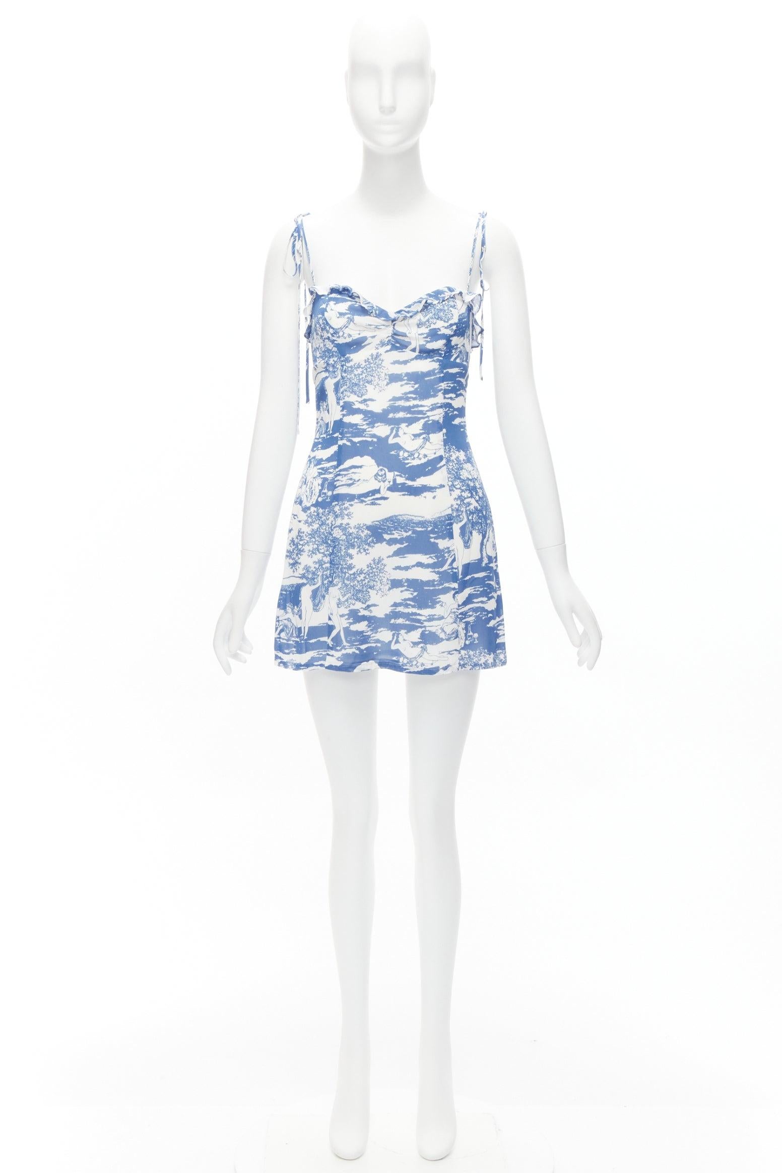 REFORMATION Nikita blue white Toscana print tie strap mini slip dress US2 S 3
