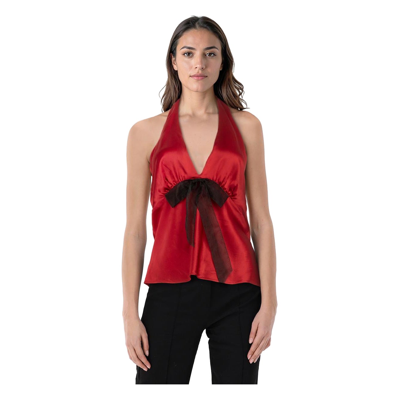 Reformation Red Silk Bow Detail Halterneck Top Size M