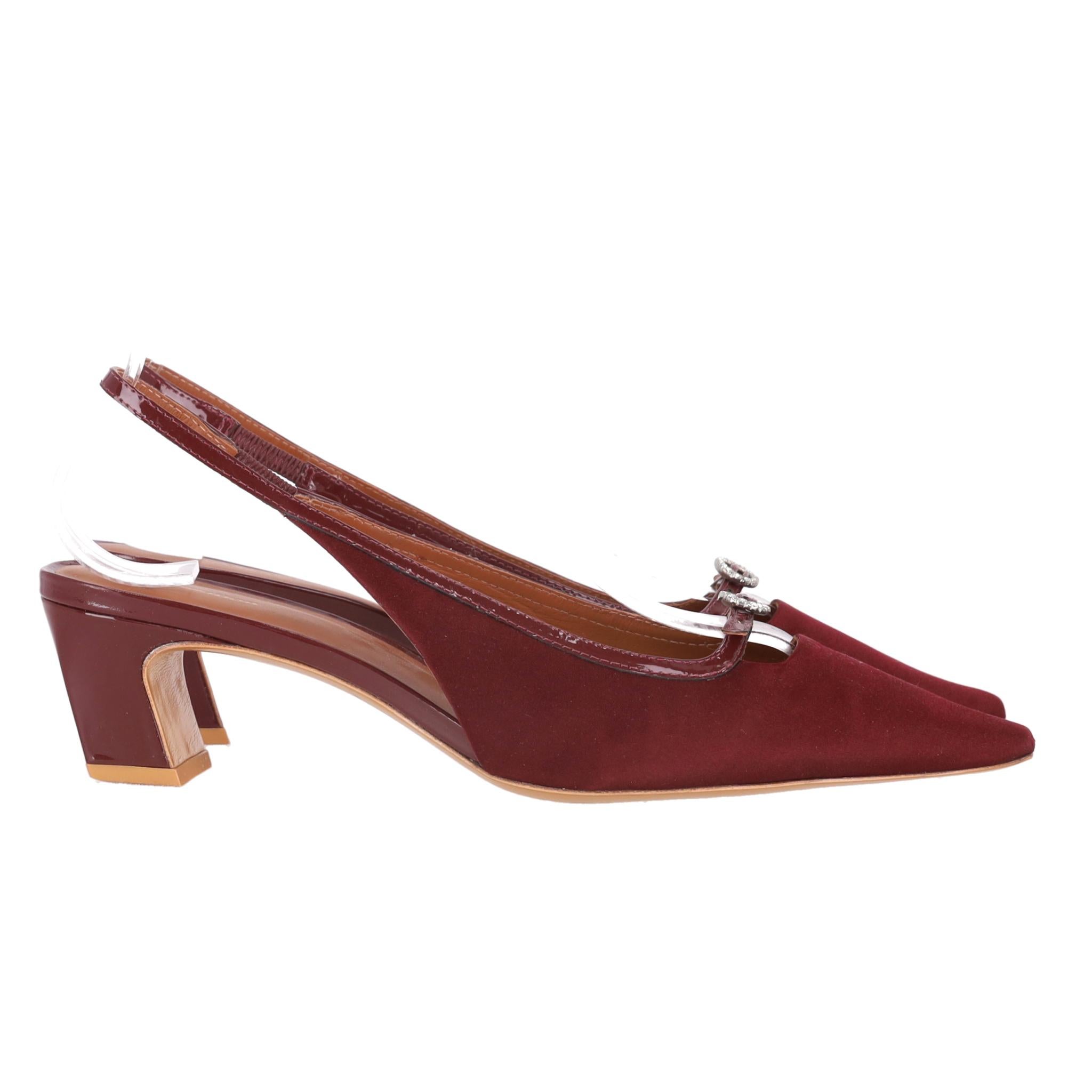 Brown Reformation Suede Slingback Heels With A Crystal Buckle For Sale