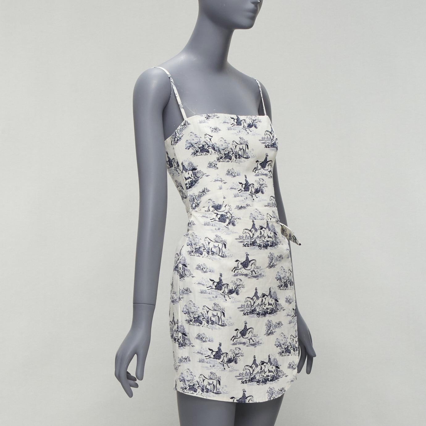 Gray REFORMATION Tabatha blue white linen Toile de Jouy print dress US2 S For Sale