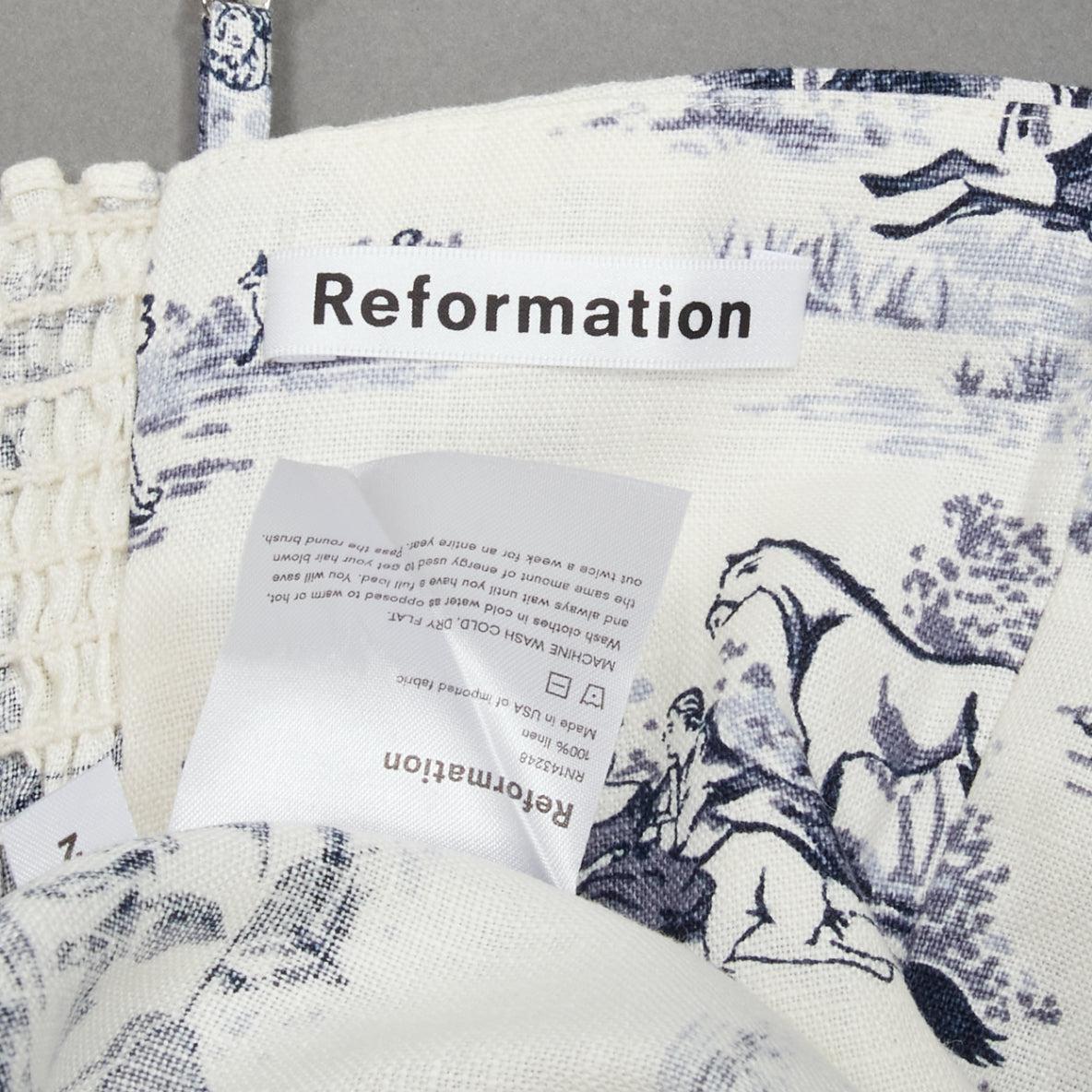REFORMATION Tabatha blue white linen Toile de Jouy print dress US2 S For Sale 3