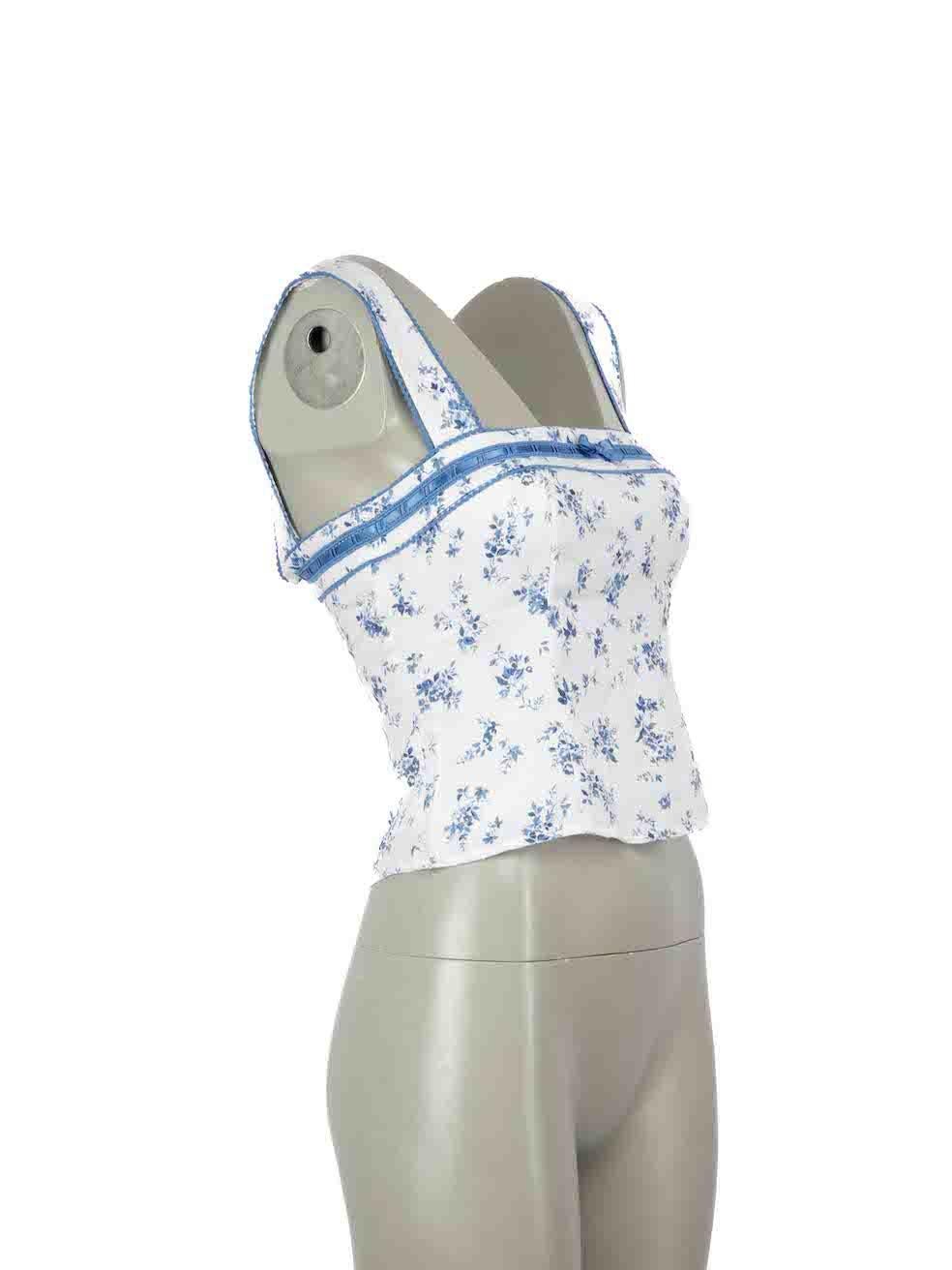 CONDITION is Very good. Hardly any visible wear to top is evident on this used Reformation designer resale item.
 
Details
White and blue
Linen
Tank top
Cropped length
Floral pattern
Square neckline
Bow accent
Button adjustable shoulder straps
Back