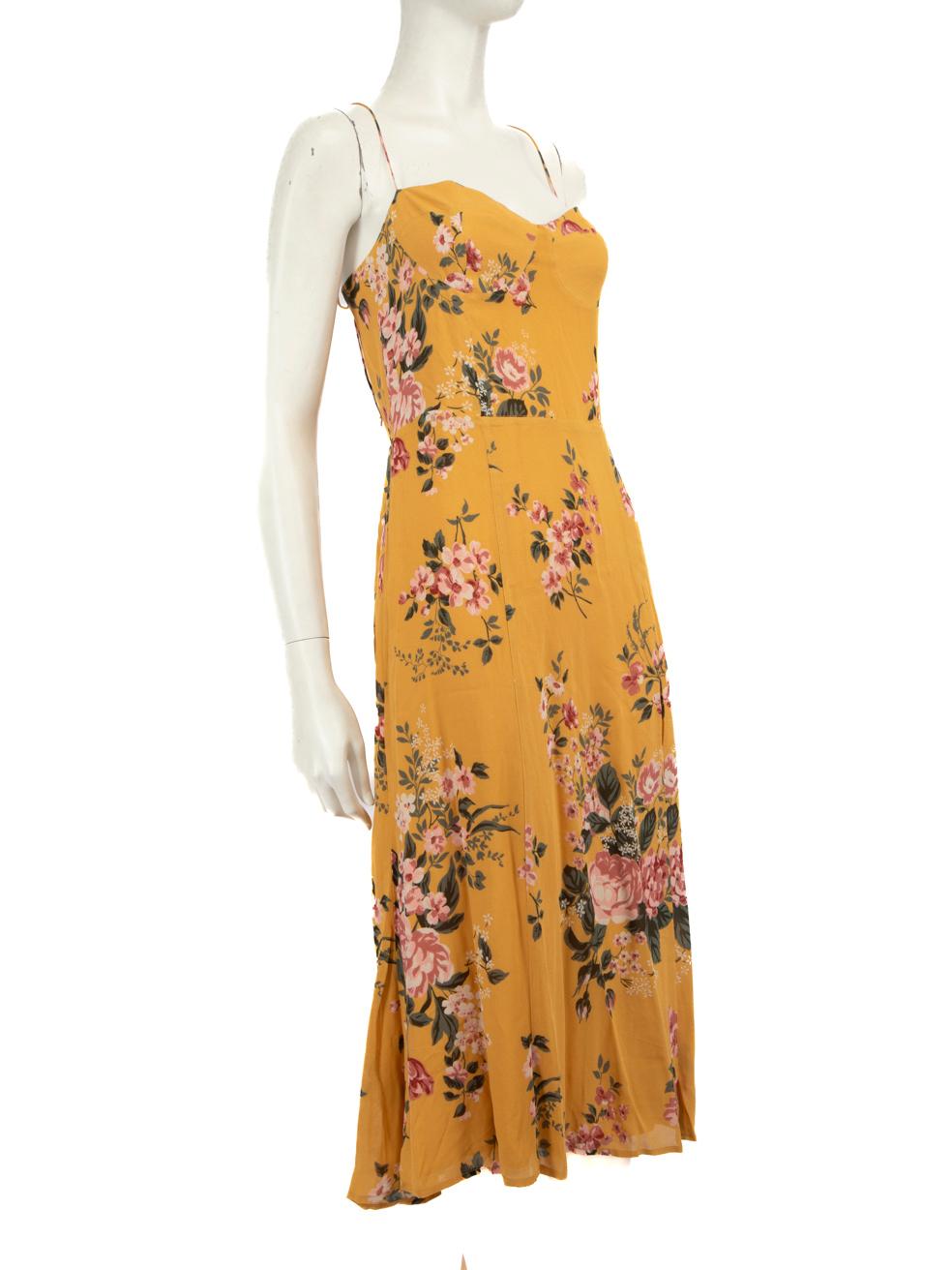 CONDITION is Never worn, with tags. No visible wear to the dress is evident on this new Reformation designer resale item.
 
 Details
 Yellow
 Viscose
 Dress
 Floral print
 Midi
 Elasticated back panel
 Sleeveless
 Tied shoulder straps
 Front leg