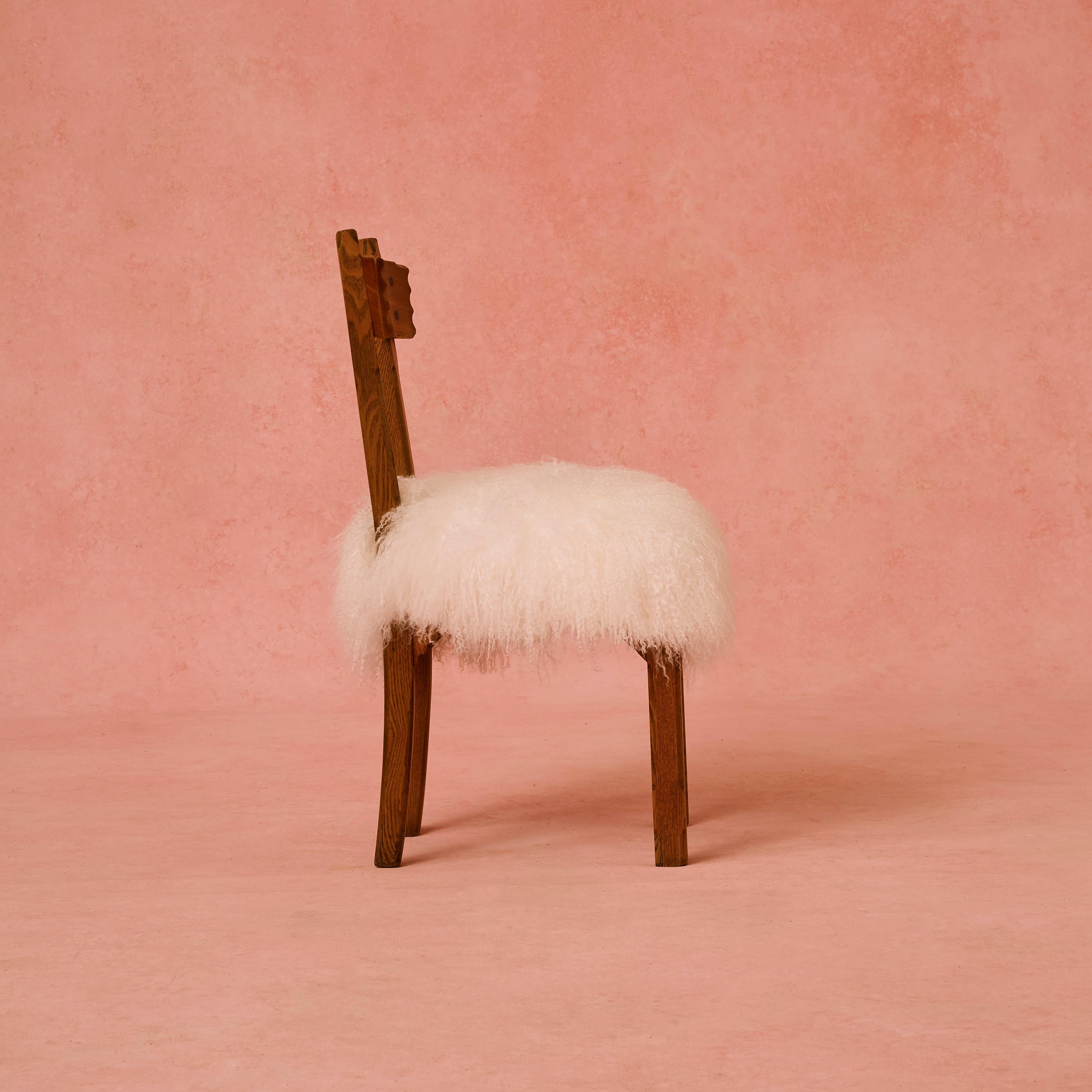 Reformed Gothic Wooden Chair with Mongolian Sheepskin In Excellent Condition In London, England