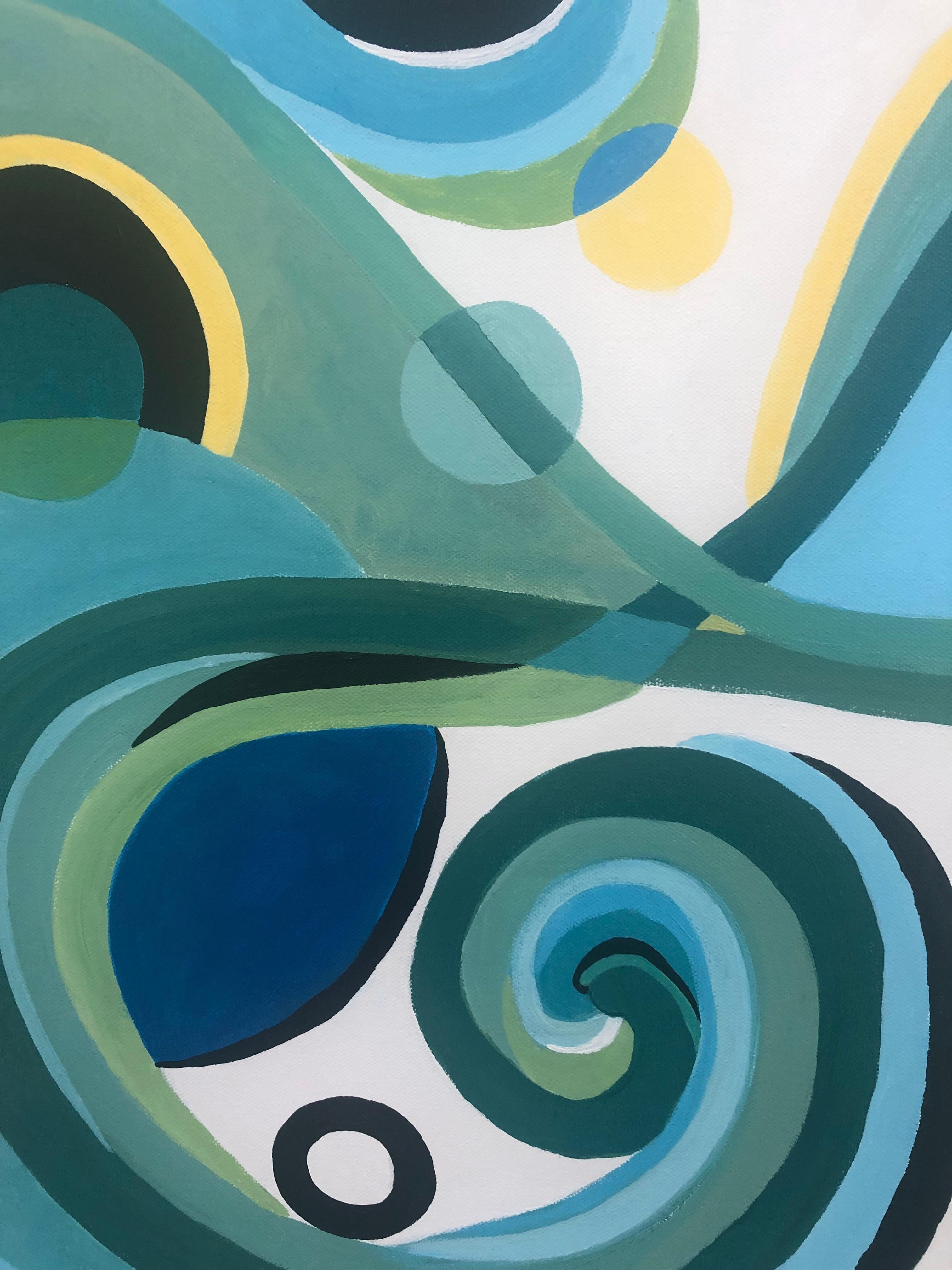 Striking abstract with curlicues and circles having a fresh color palette of blues, green, white and light yellow.
Titled 