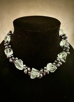 Refreshing unusual chunky necklace of fluorite and black pearls