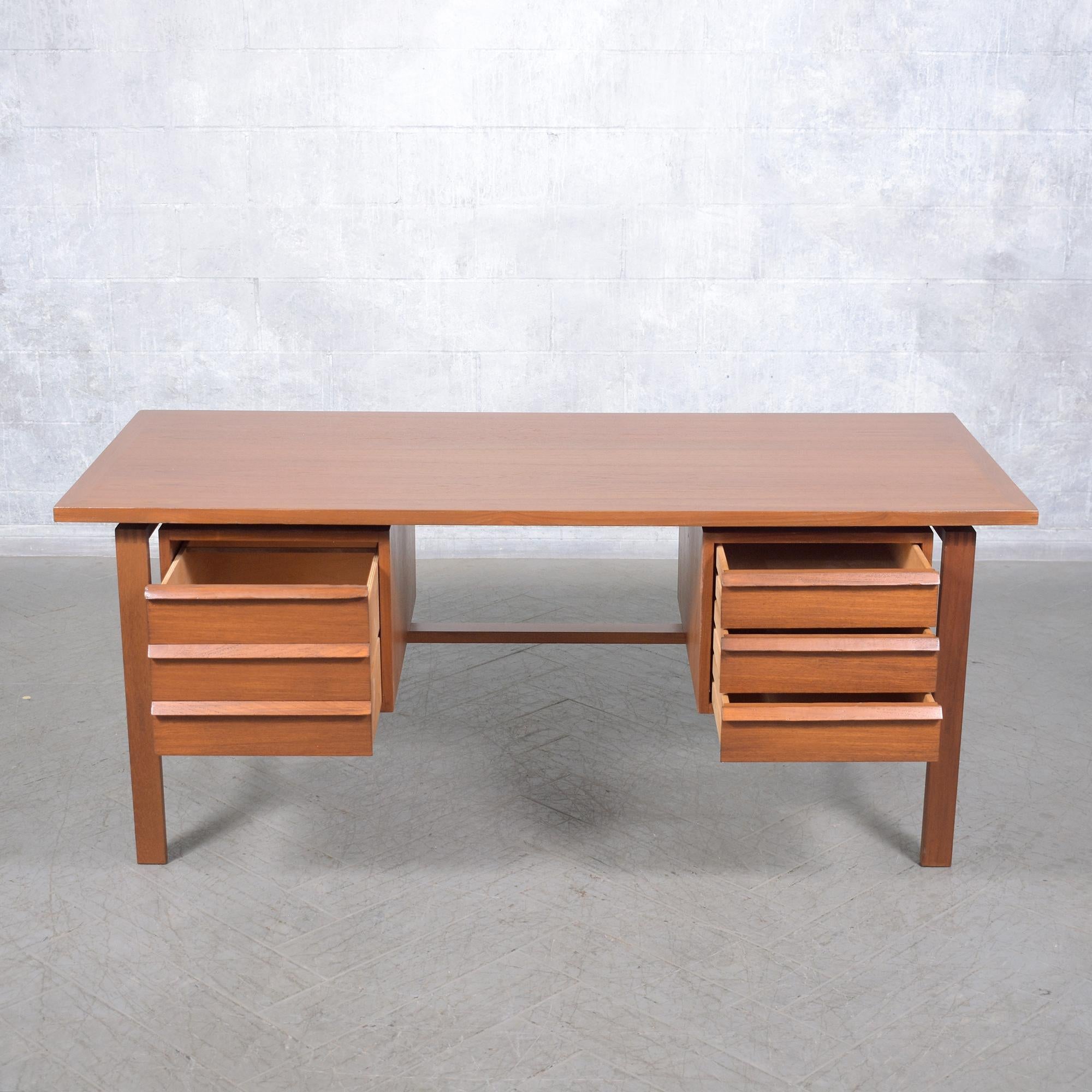 Hand-Crafted Refurbished Danish Modern Teak Executive Desk with Storage For Sale