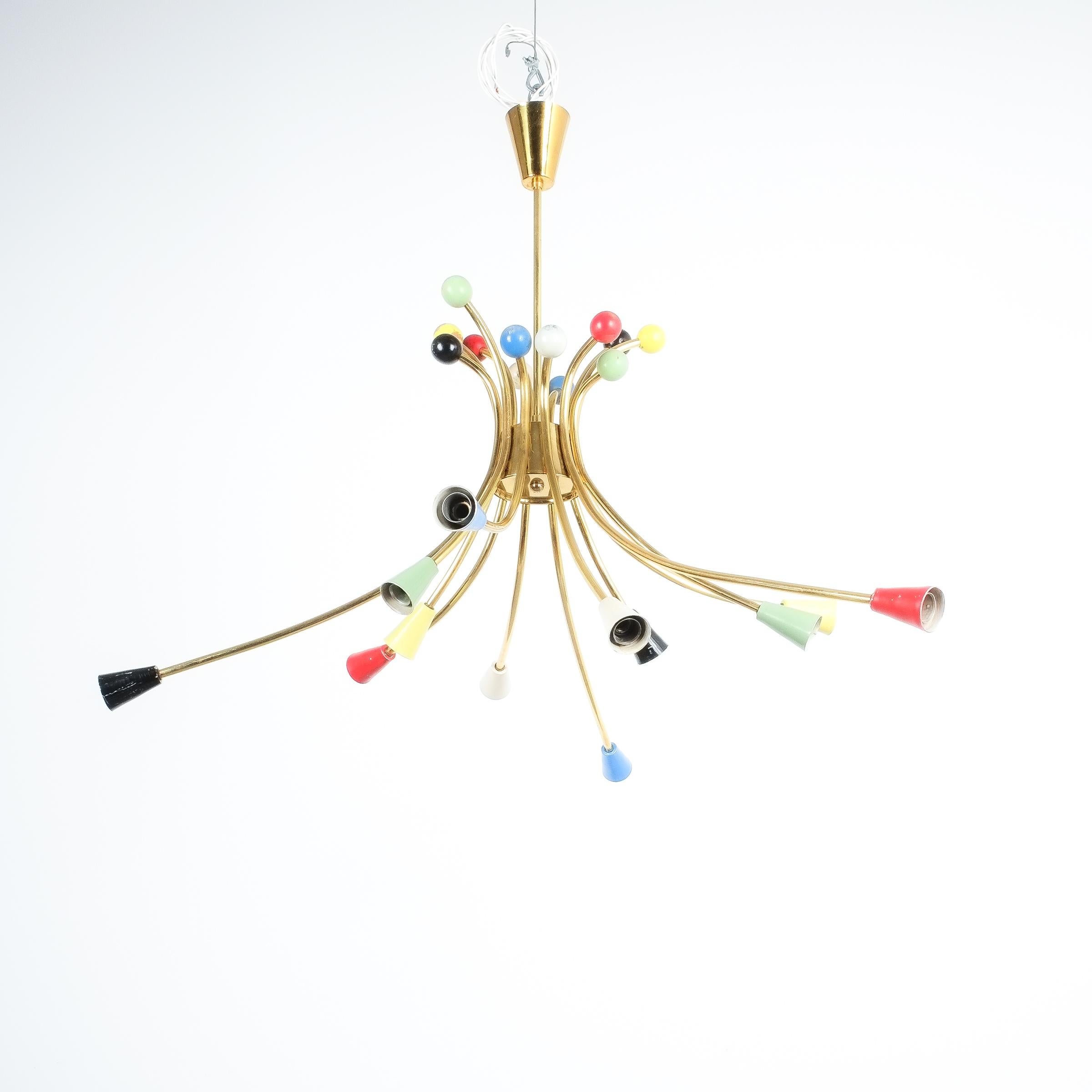 Sputnik brass multi-color chandelier, Italy, 1950

Dimensions are 33