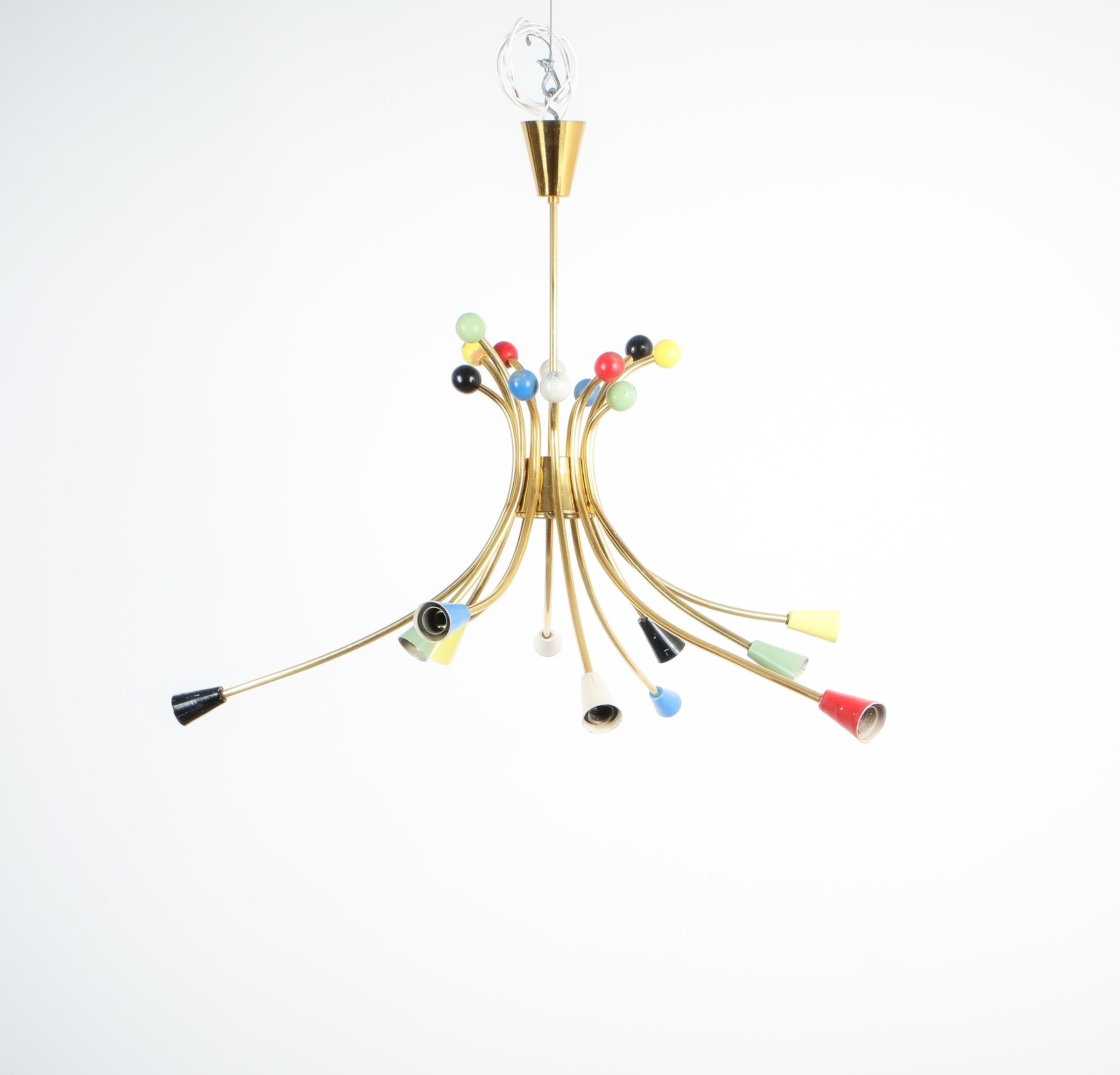 Italian Sputnik Chandelier Refurbished Midcentury Brass Multi-Color, Italy, 1950 For Sale