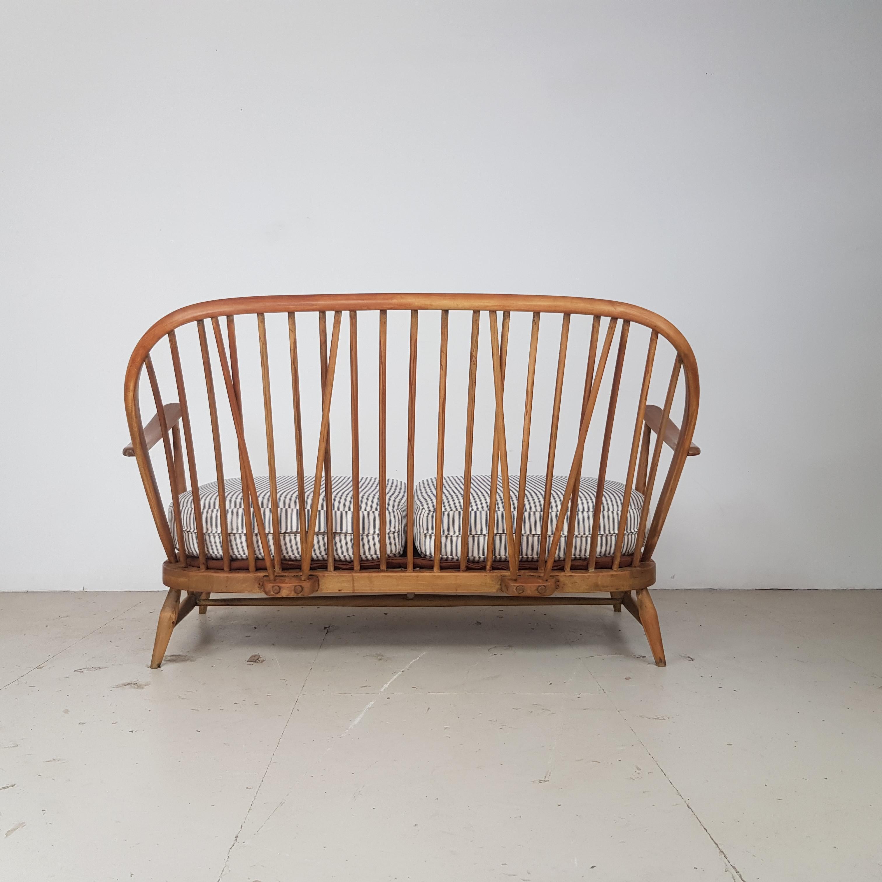 Elm Refurbished Vintage Ercol Windsor Two-Seat Sofa Upholstered in French Ticking