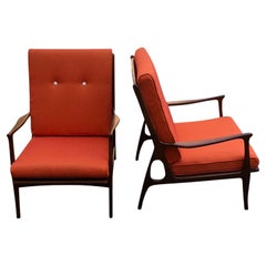 Refurbished Vintage Midcentury Italian Walnut Lounge Chairs New Reupholstery