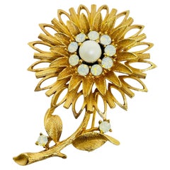 REG 267 signed vintage gold plated opal glass stones flower designer brooch
