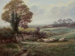 Pittura ad olio tradizionale inglese rurale pastorale Tranquilla pecora nei prati firmata