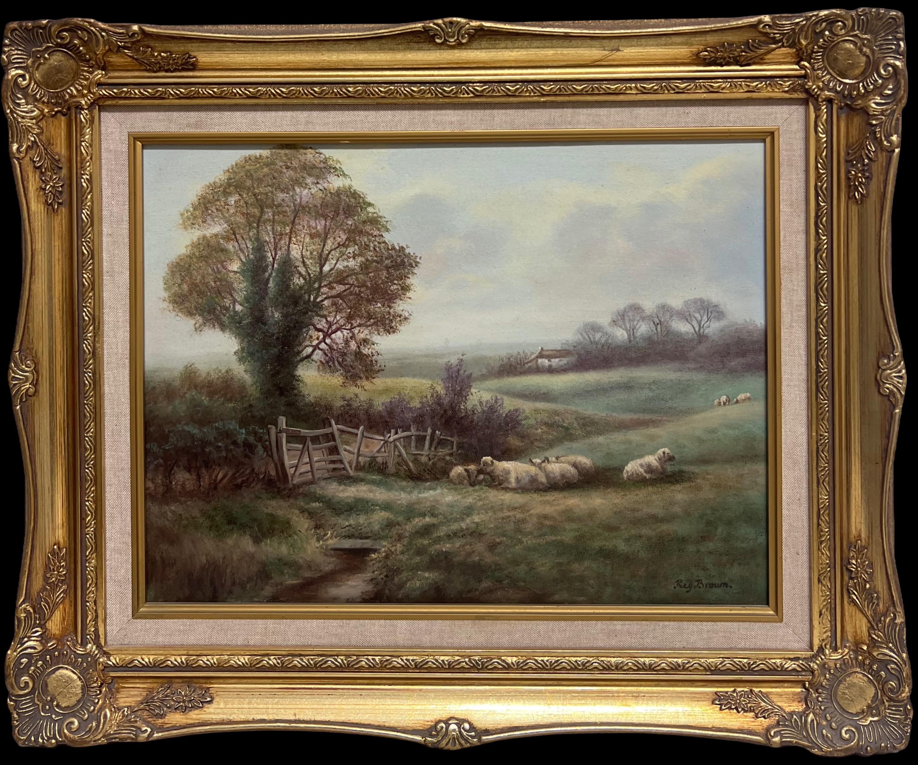 Traditional English Rural Pastoral Tranquil Sheep in Meadows Signed Oil Painting