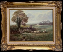 Traditional English Rural Pastoral Tranquil Sheep in Meadows Signed Oil Painting