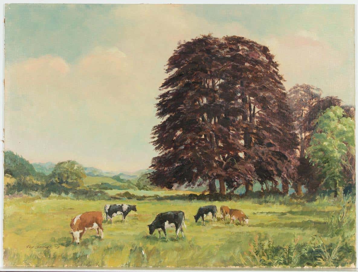 Reg Gardner - Fine Signed 1979 Oil, Cows in a Landscape