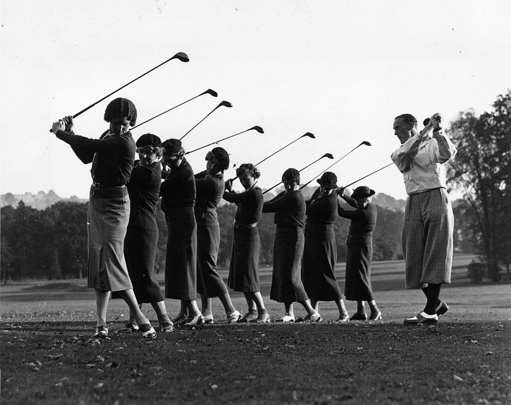 "Golf Lesson" by Reg Speller

14th October 1937: Keith Dalby giving a golf lesson at Finchley golf club.

Unframed
Paper Size: 20" x 24'' (inches)
Printed 2022 
Silver Gelatin Fibre Print