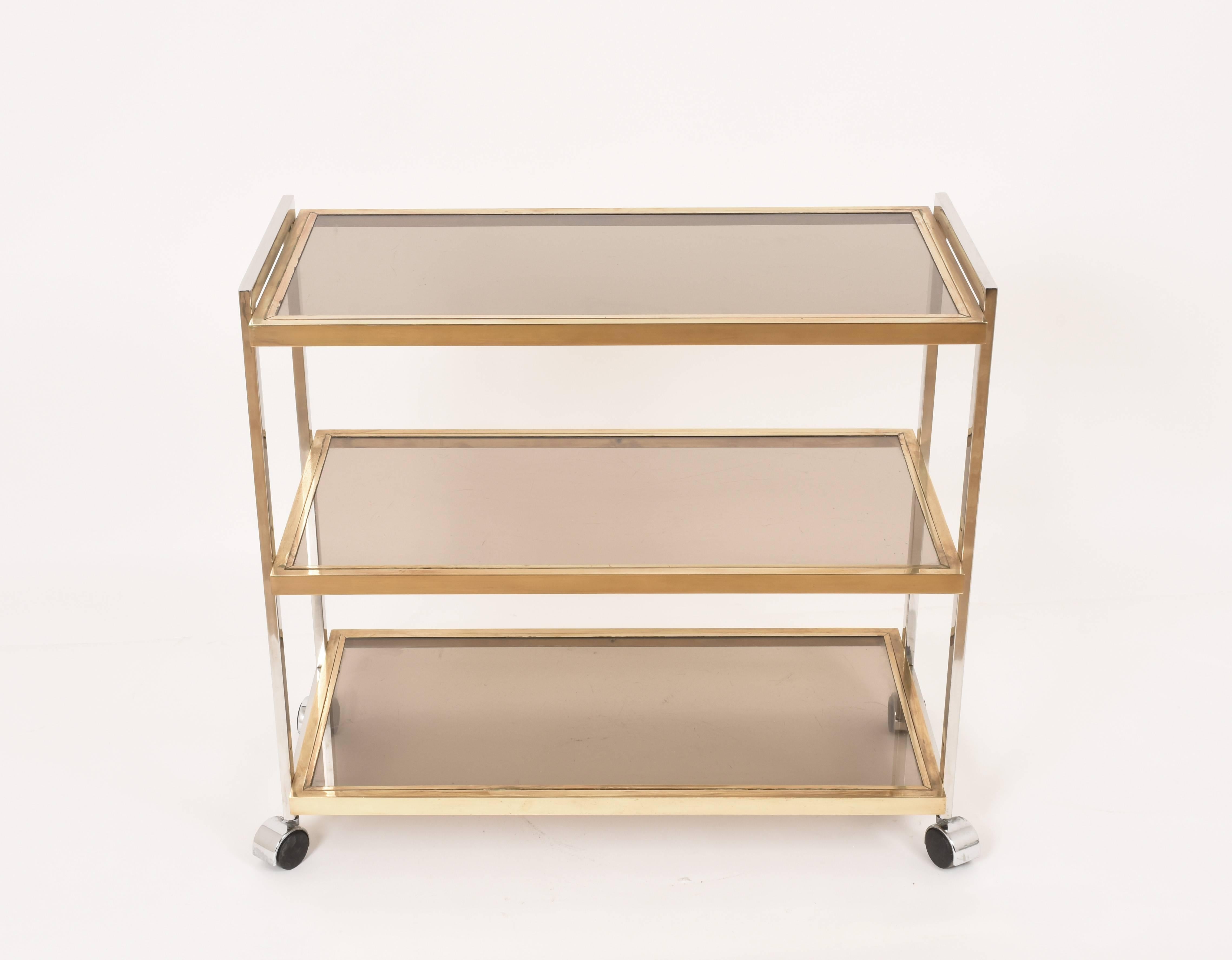 Mid-Century Modern Rega Style Midcentury Brass and Chrome Italian Bar Cart with Glass Shelves 1970s