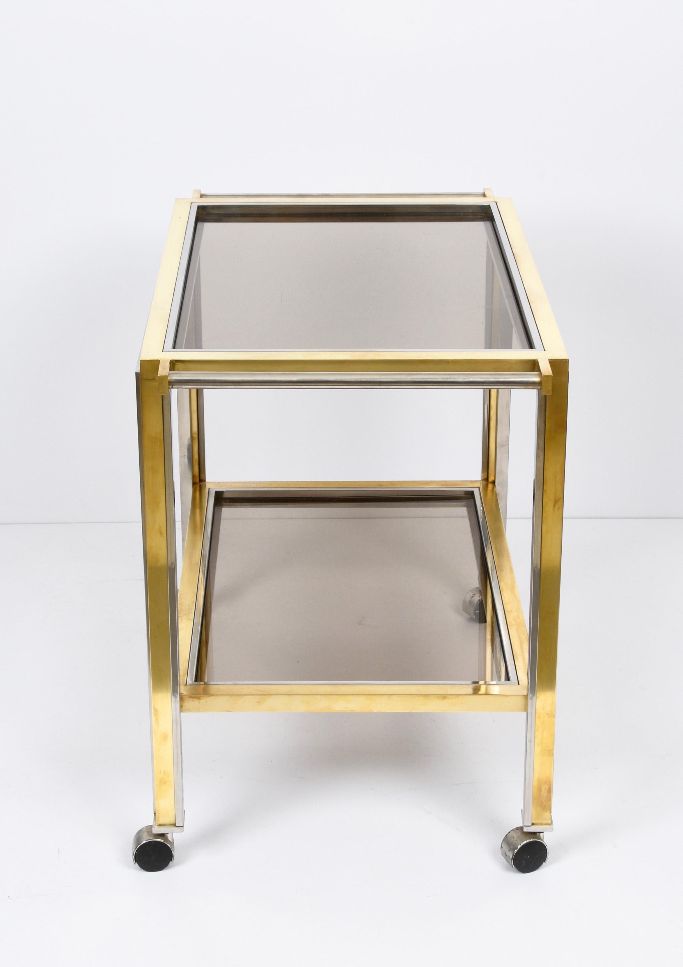 20th Century Rega Style Midcentury Brass and Chrome Italian Bar Cart with Glass Shelves 1970s For Sale