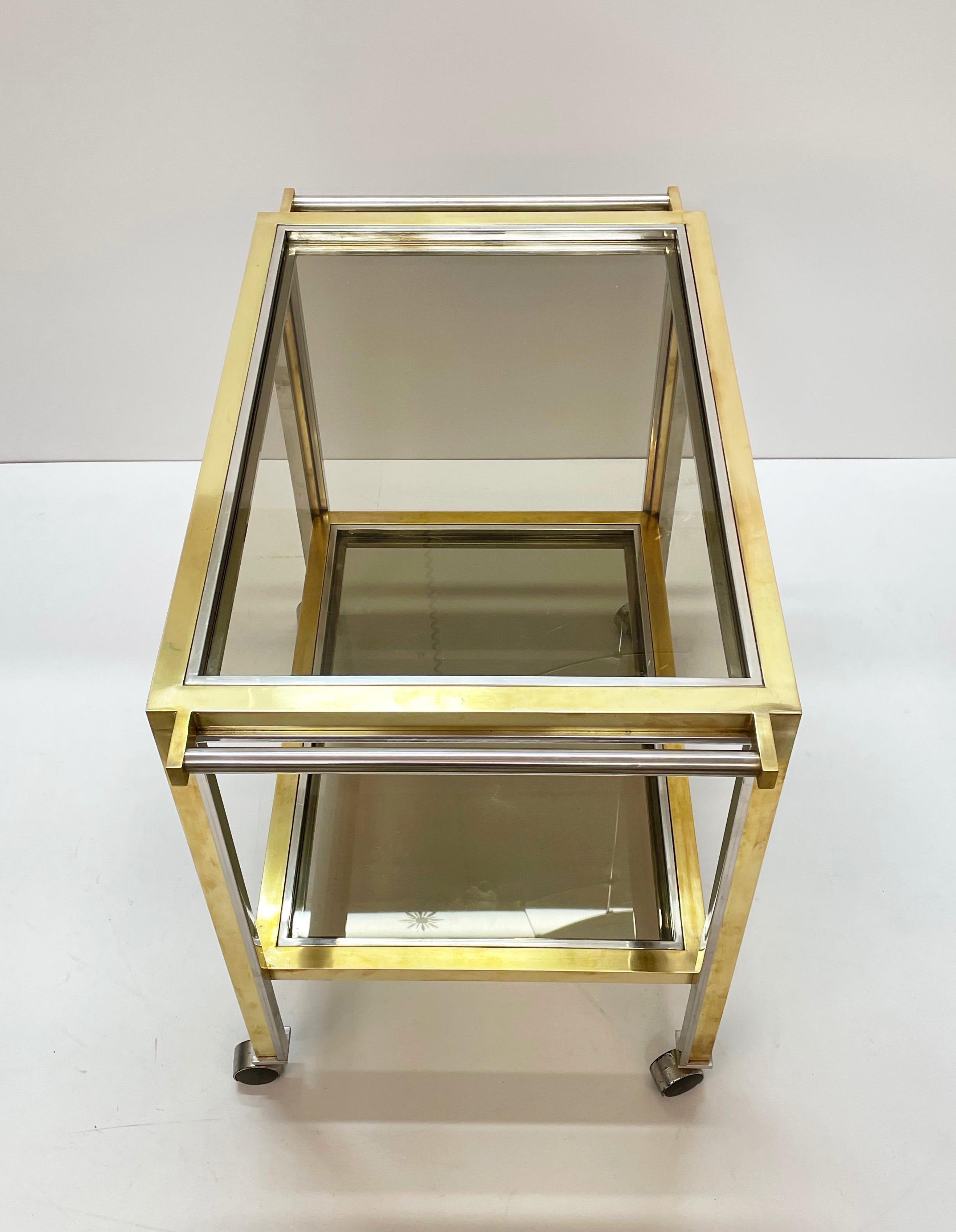Rega Style Midcentury Brass and Chrome Italian Bar Cart with Glass Shelves 1970s For Sale 1