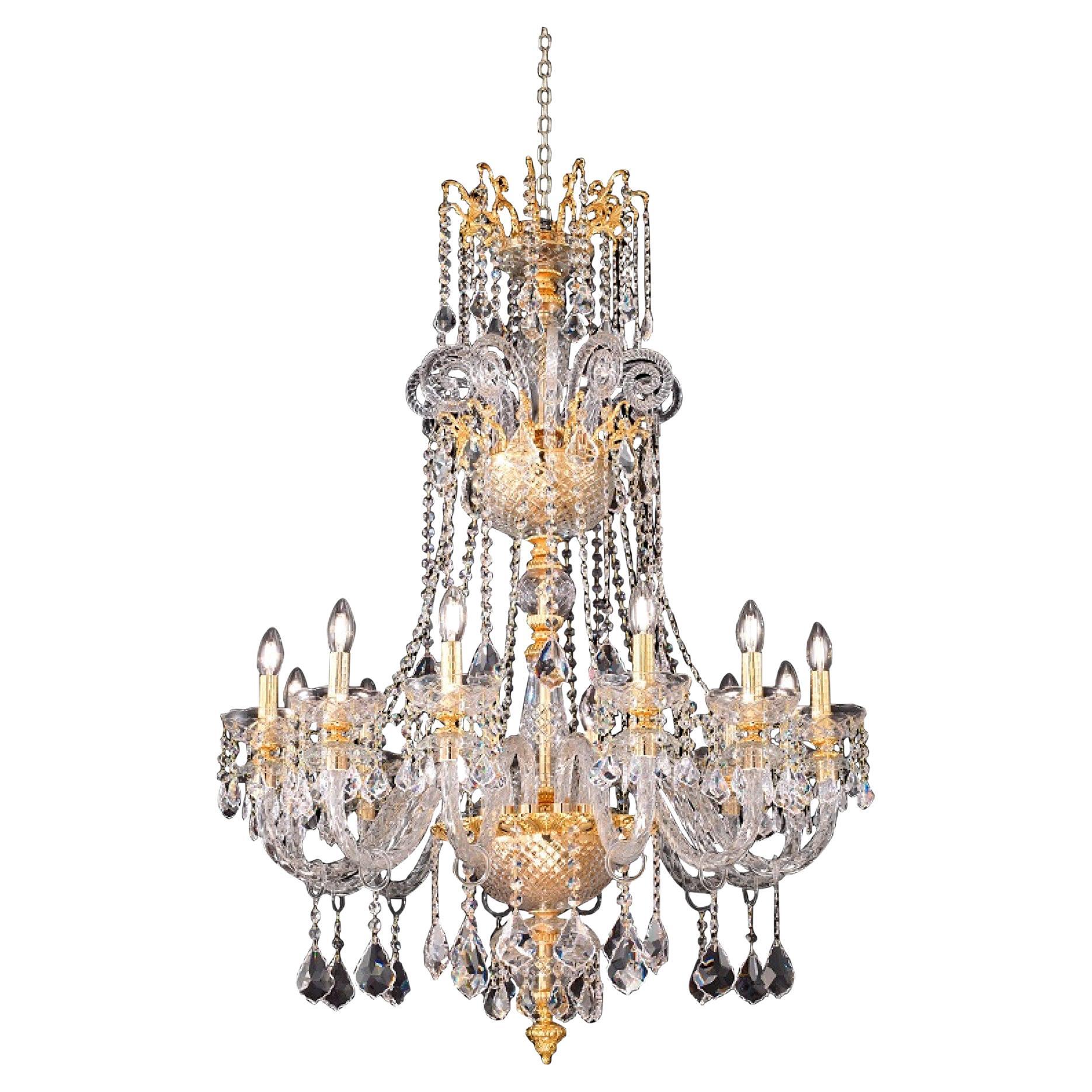 Regal 12 Lights Chandelier in Gold Plated Finish and Transparent Scholer Crystal For Sale