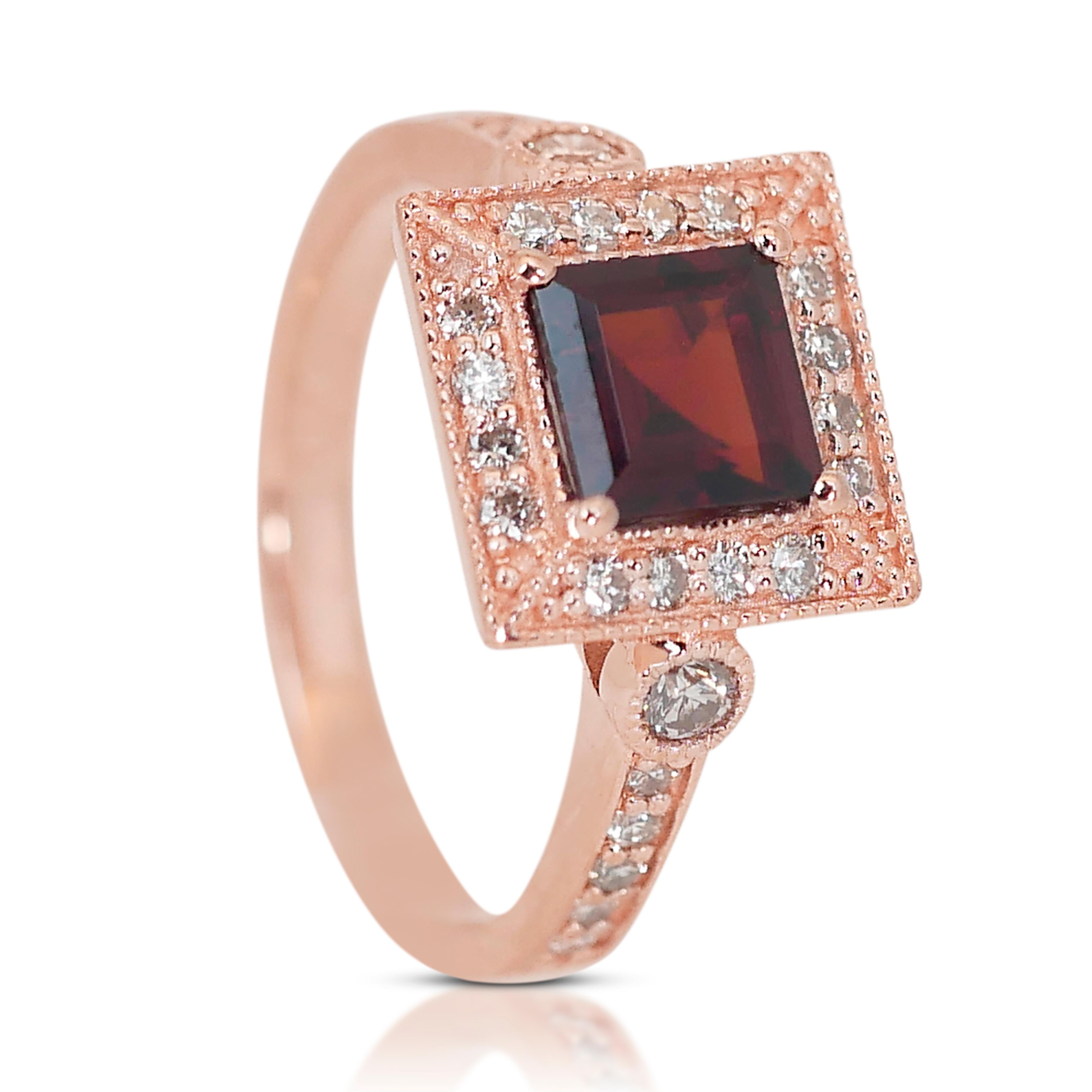 Square Cut Regal 14K Rose Gold Natural Garnet and Diamond Ring w/1.88ct - IGI Certified For Sale