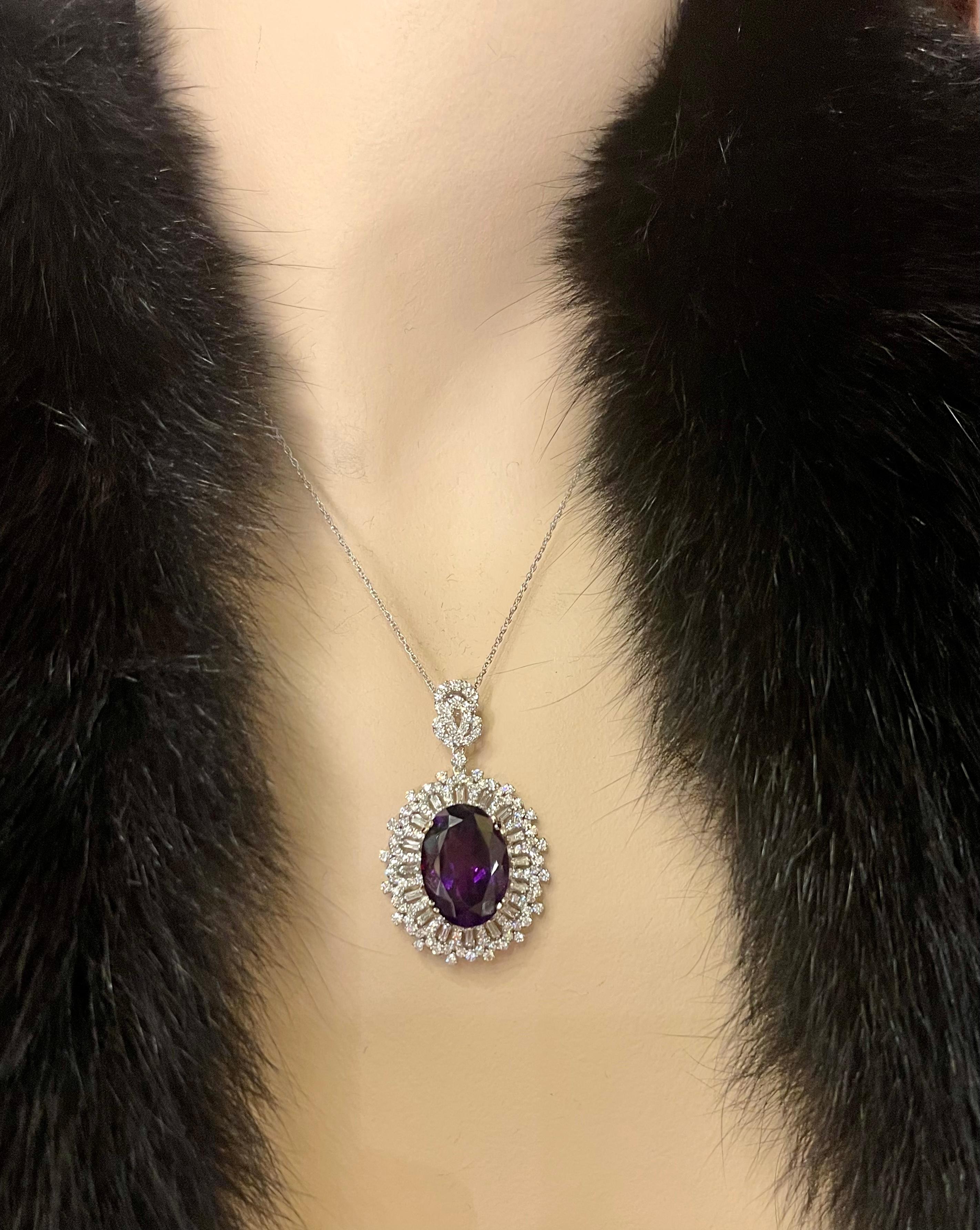 Artisan Regal 17 Carat Deep Purple Siberian Amethyst and Diamond 18K Pendant Necklace
