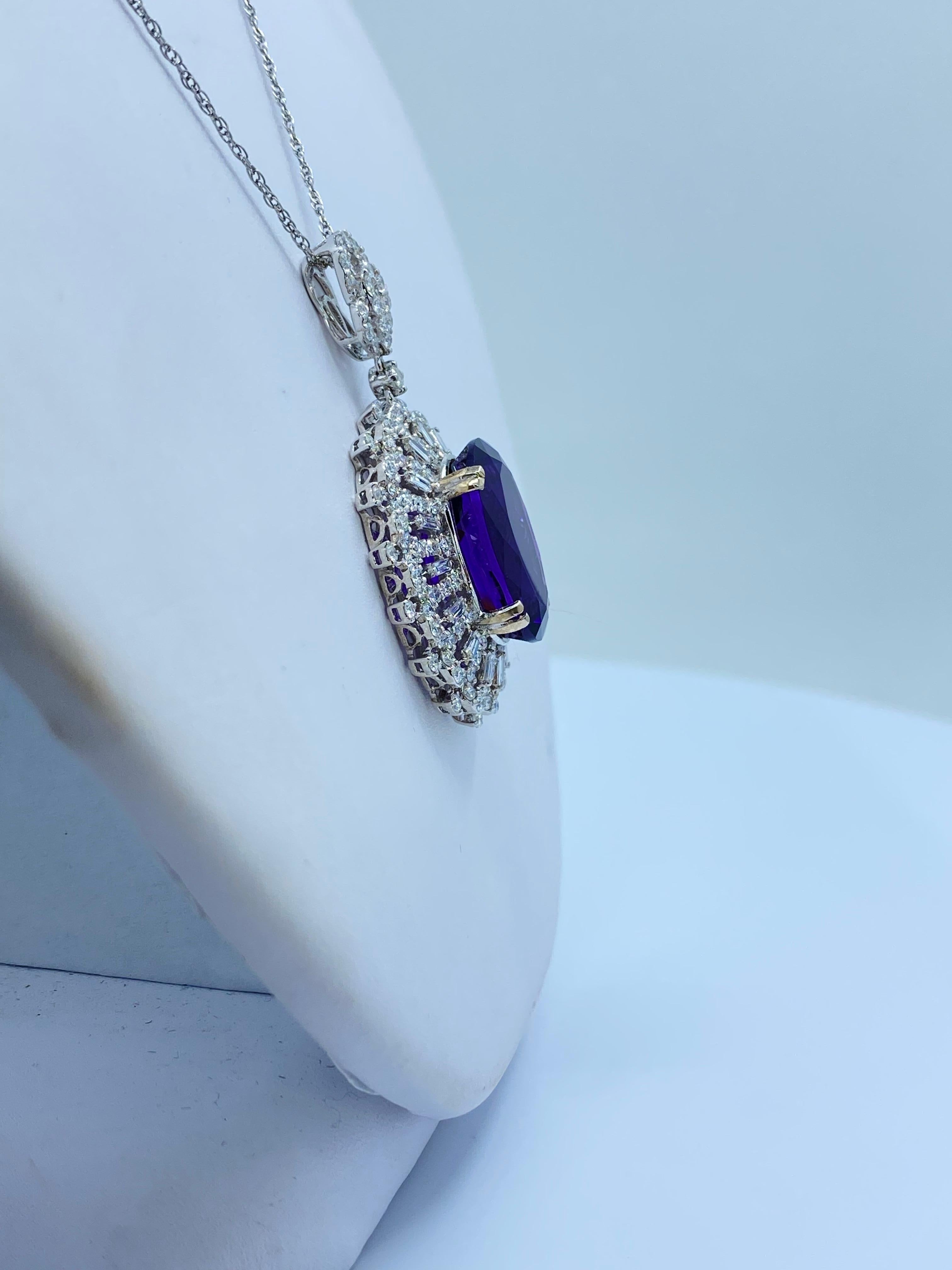 Regal 17 Carat Deep Purple Siberian Amethyst and Diamond 18K Pendant Necklace In Excellent Condition In Tustin, CA